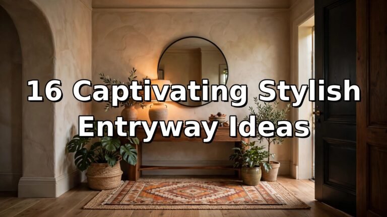 Featured image: stylish entryway with console, round mirror, plants and layered rugs, overlaid with bold text "16 Captivating Stylish Entryway Ideas"