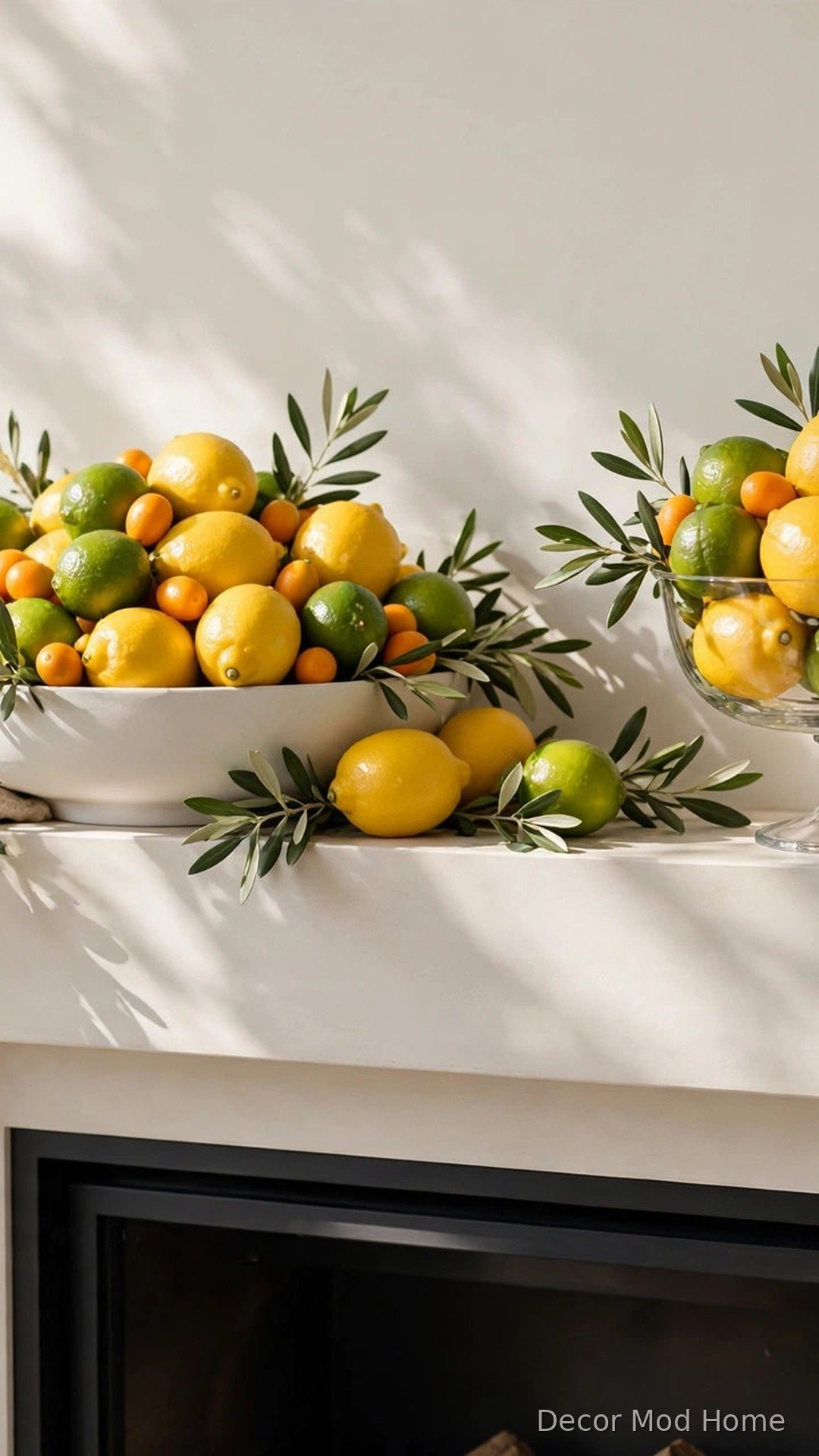 Bowl of lemons, limes and kumquats with olive foliage on a spring fireplace mantel