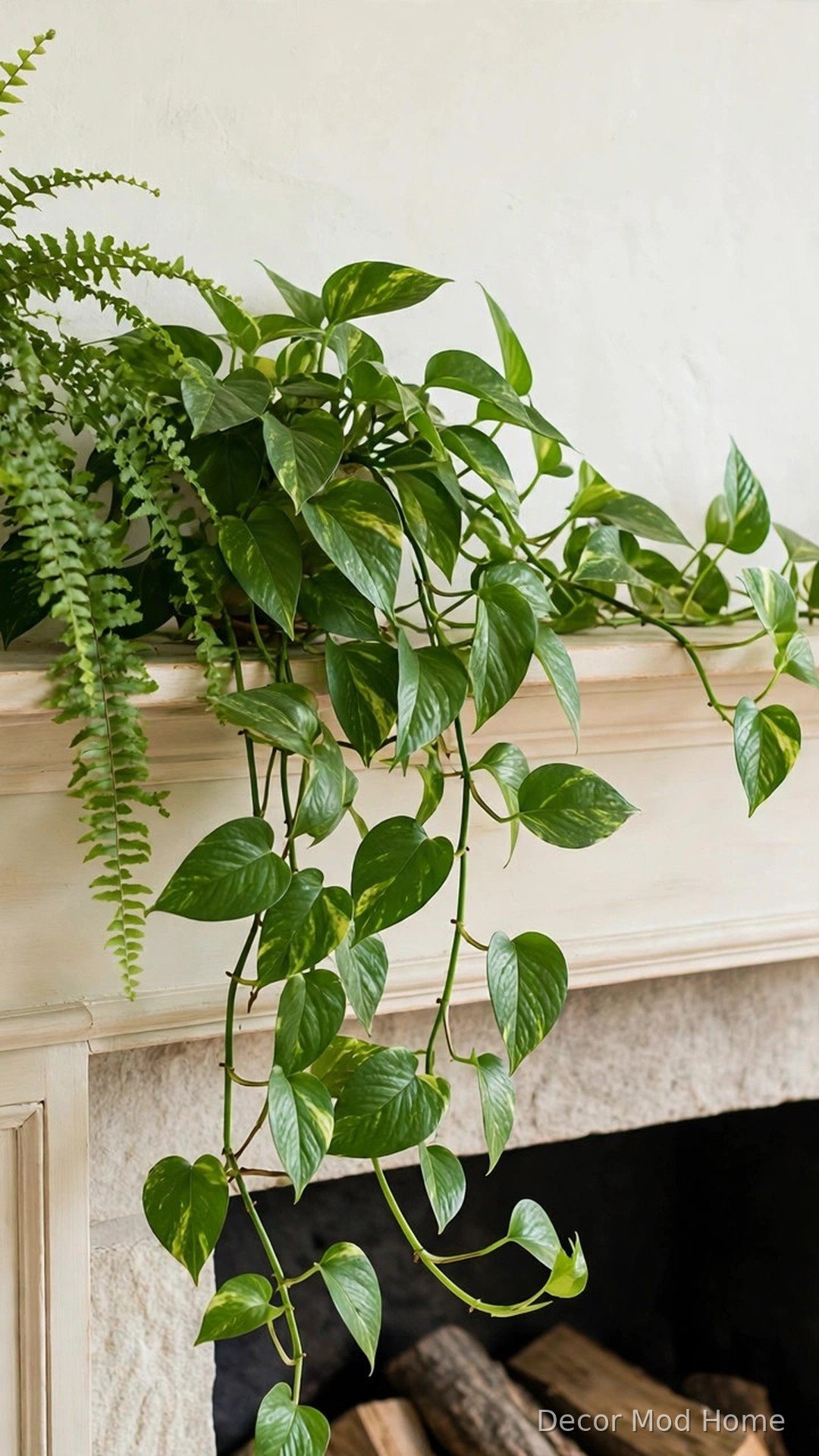 Boston fern and trailing pothos cascading over a spring fireplace mantel