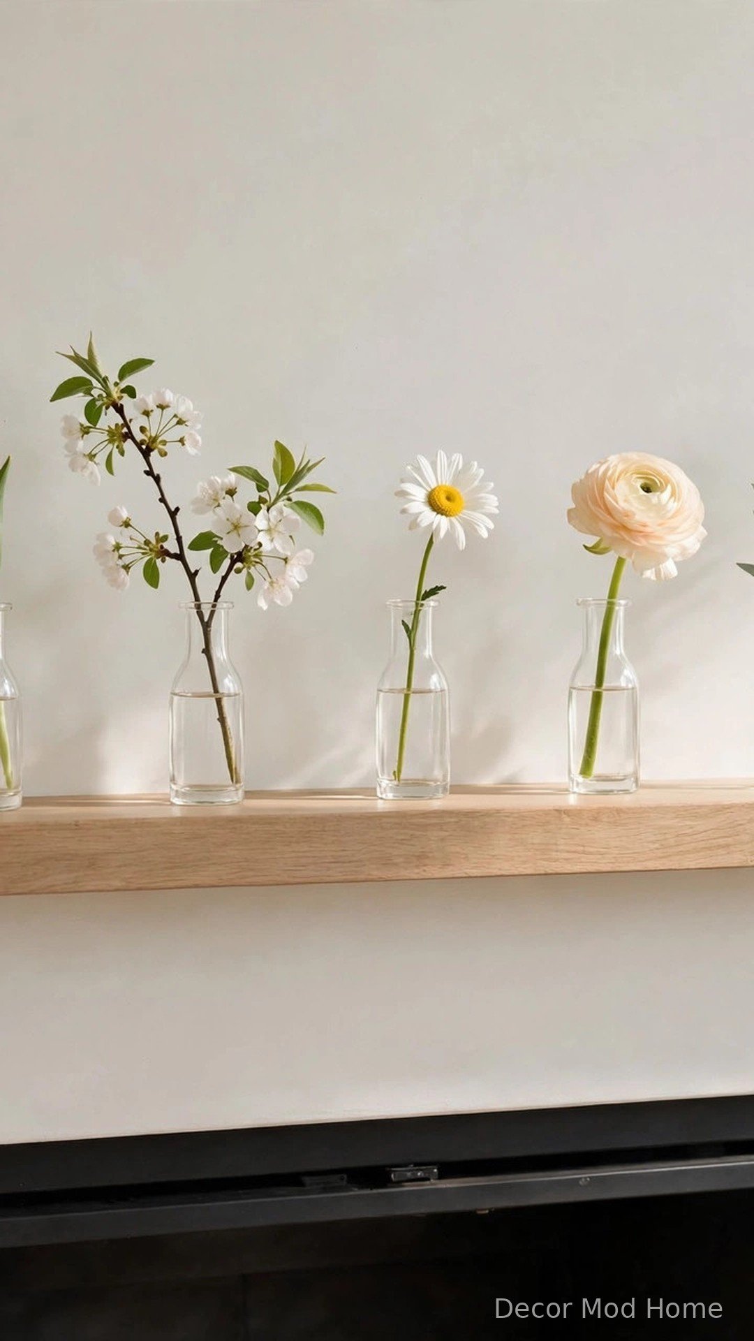 Row of glass bud vases with single spring stems on a wooden mantel shelf