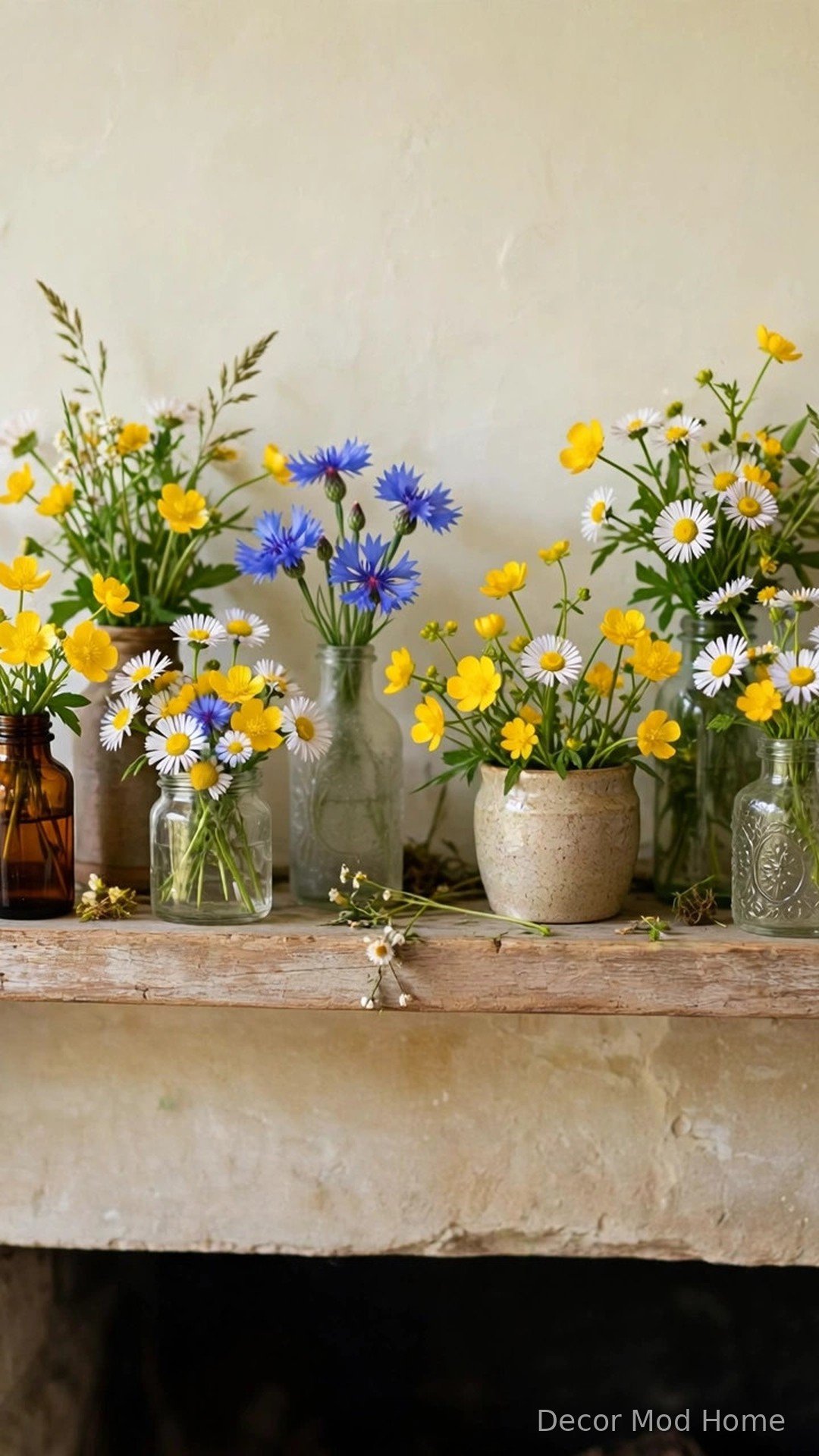 Wildflowers in mismatched glass jars clustered on a rustic spring mantel