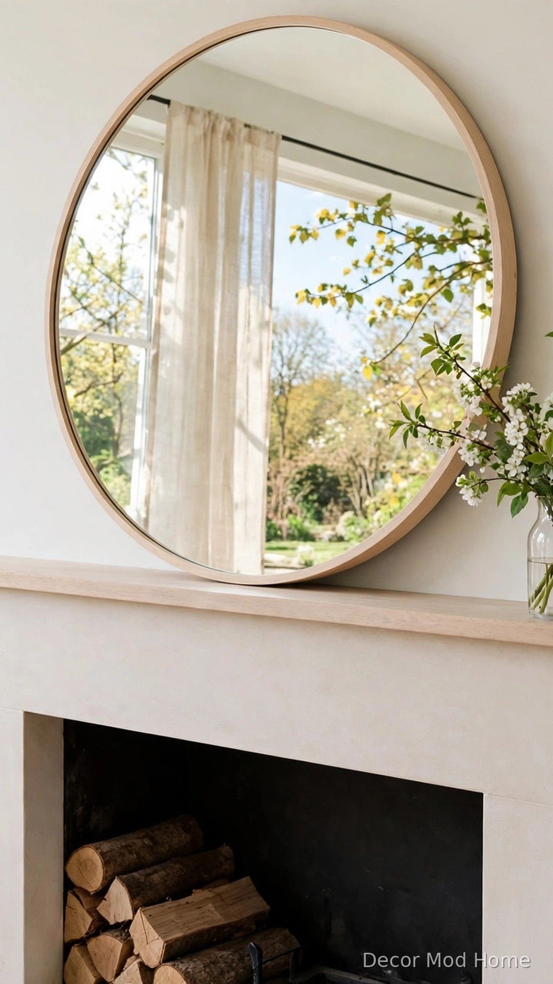Large round mirror with pale wood frame leaned above a spring fireplace mantel