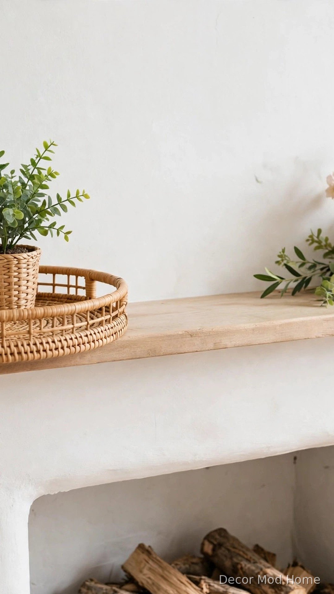 Rattan tray with potted plant and woven textures on a spring mantel