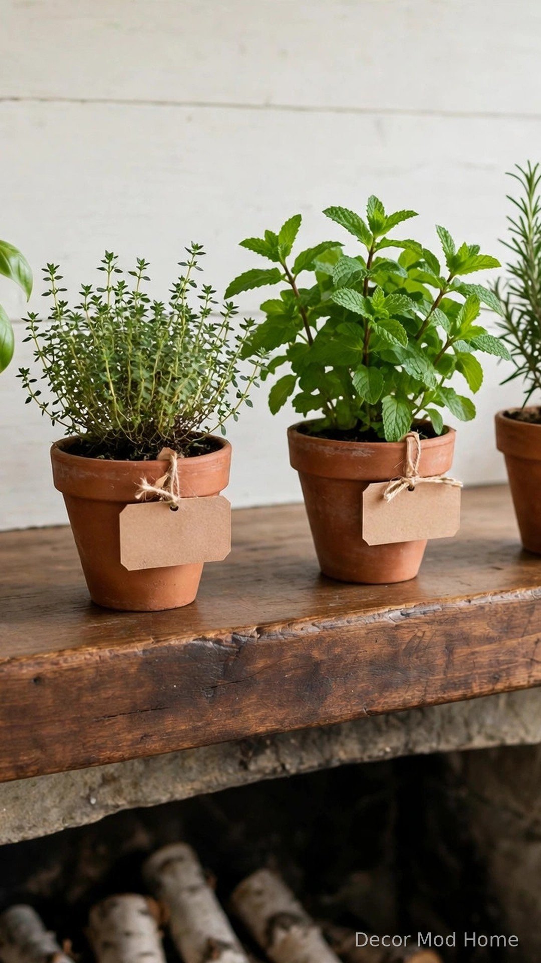 Fresh herbs in small terracotta pots with wooden tags on a spring mantel