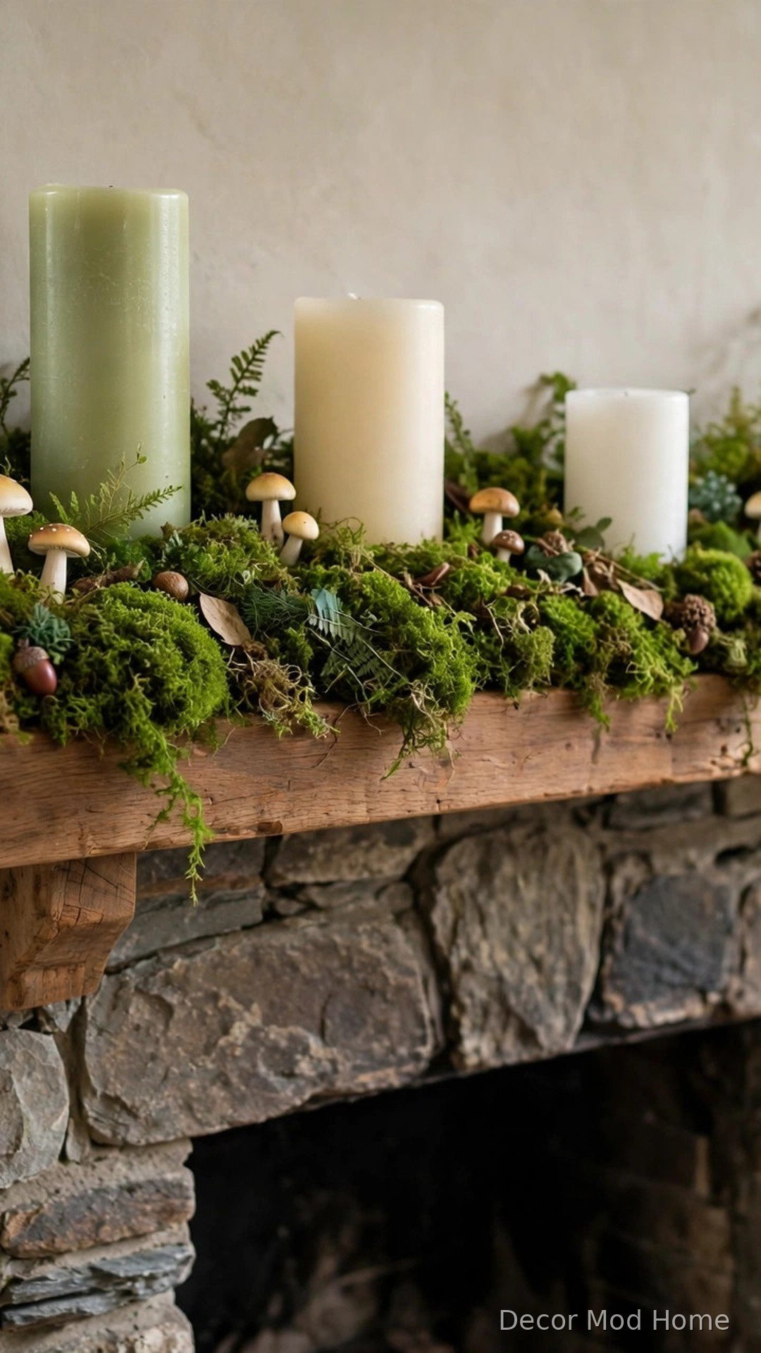 Pillar candles on a bed of green moss with tiny mushrooms on a spring mantel