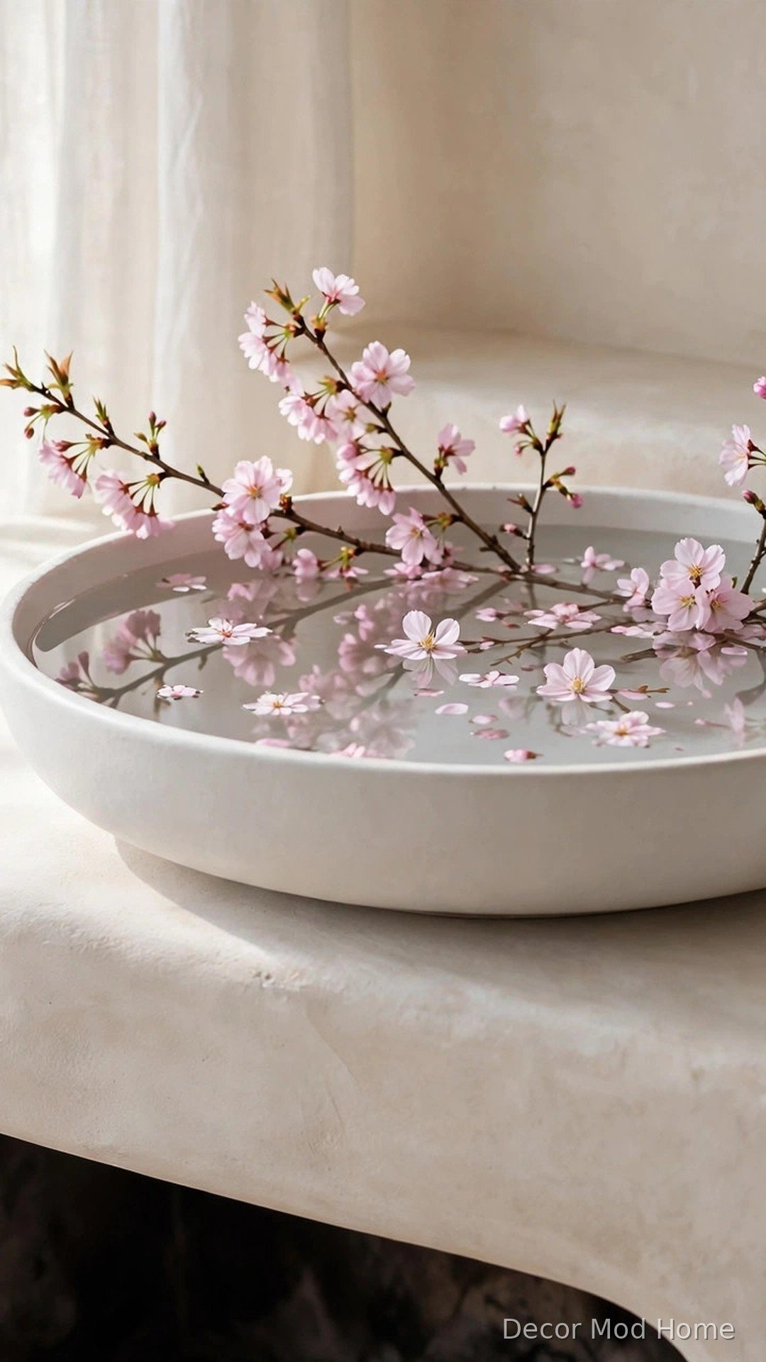 Cherry blossom branches floating in a low water bowl on a spring mantel