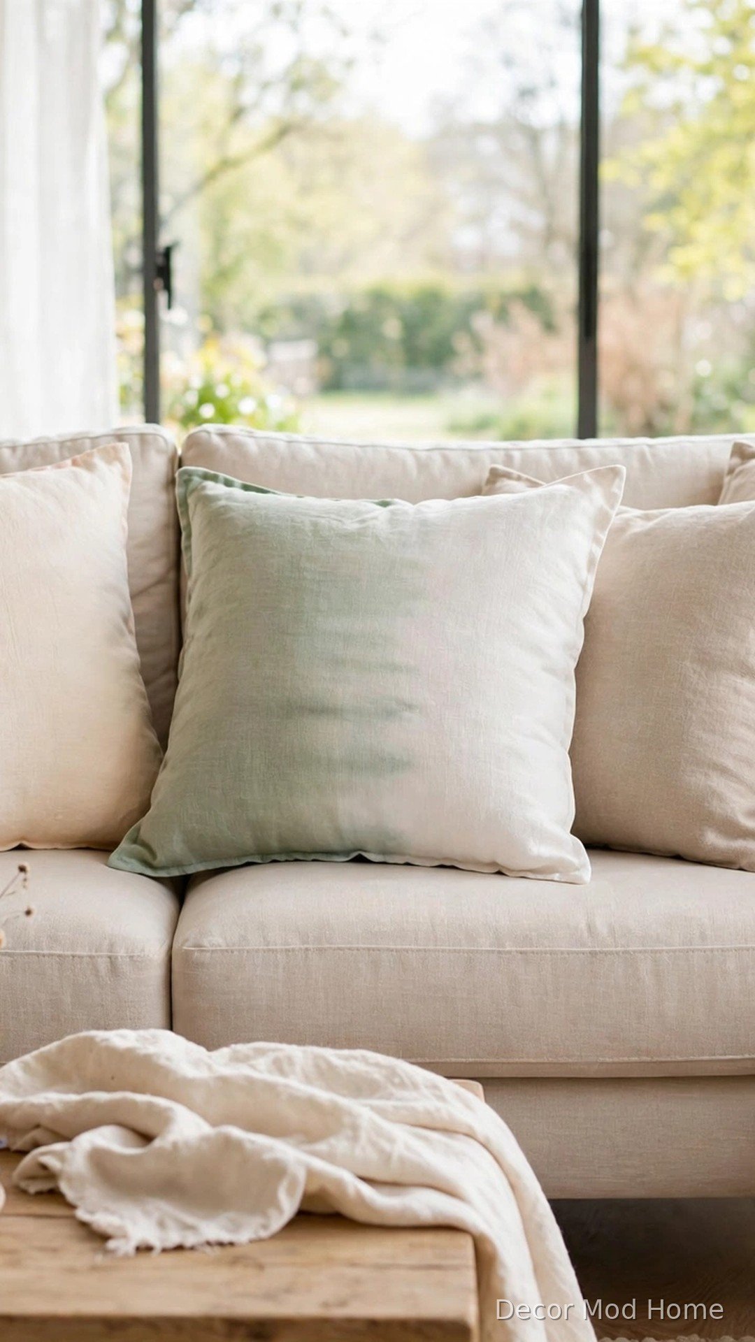 Linen cushion cover dip-dyed in a sage-to-white ombre gradient on a light sofa