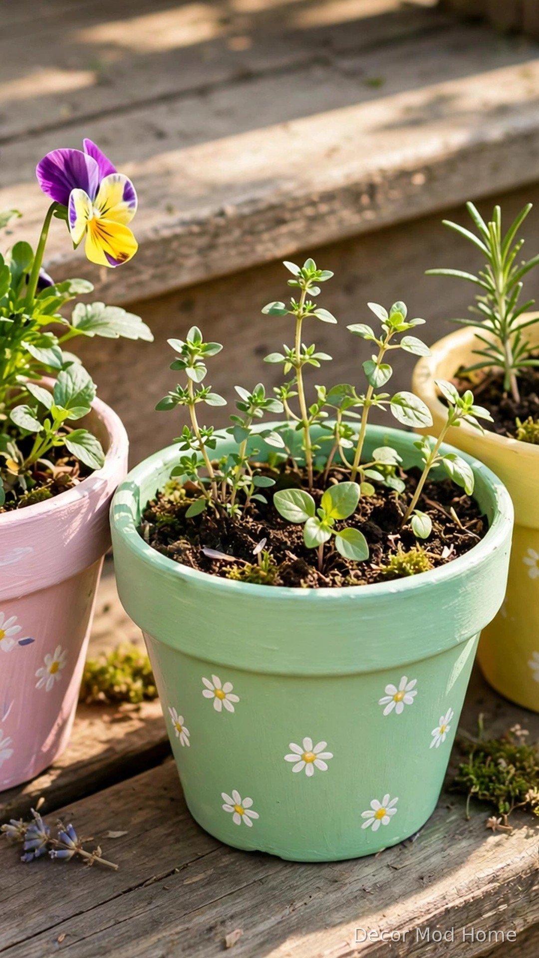Terracotta pots hand-painted in pastel pink, mint and yellow with tiny white daisies and spring seedlings