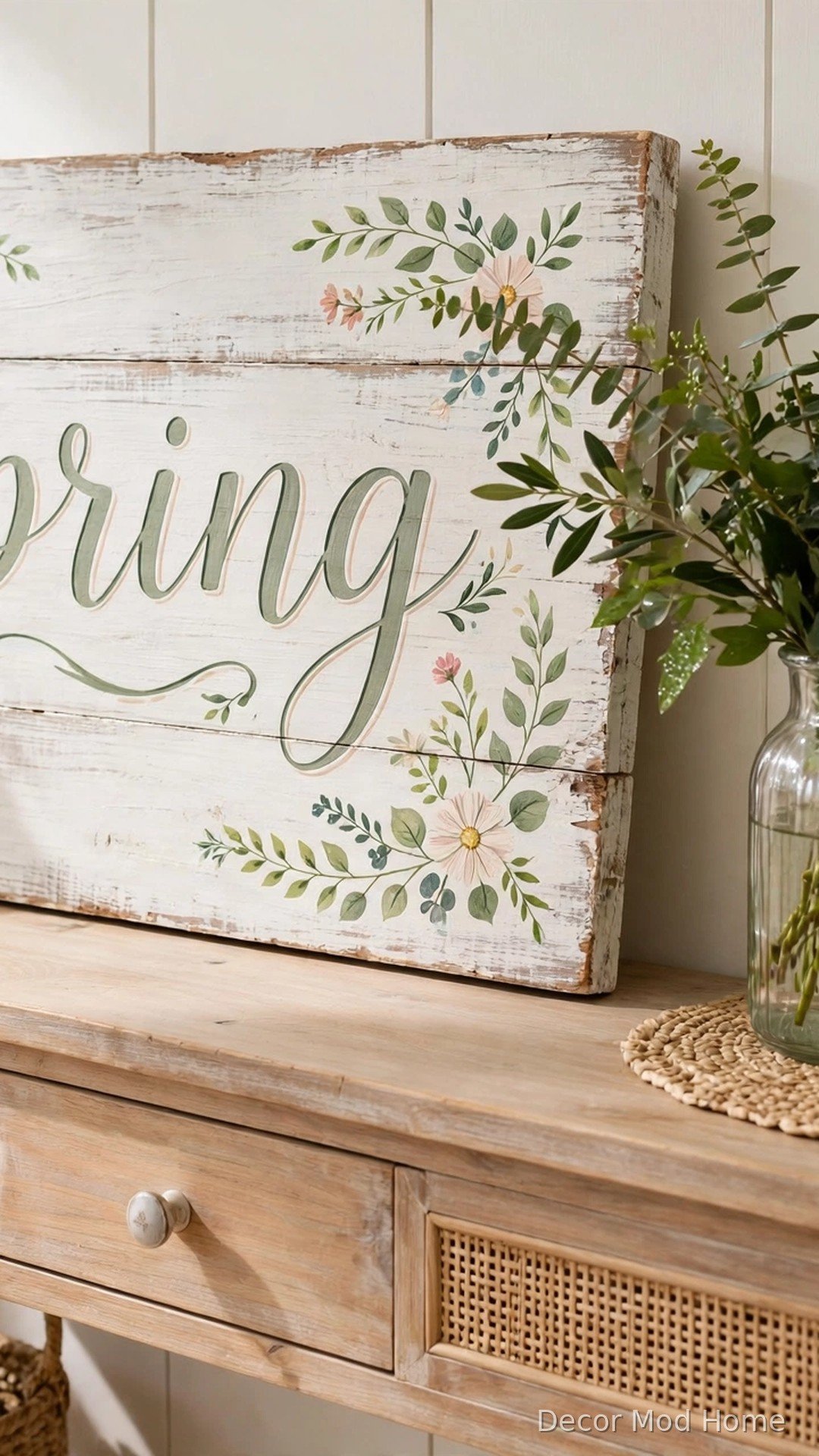 Rustic whitewashed wooden sign with hand-painted spring lettering and floral flourishes on an entryway console