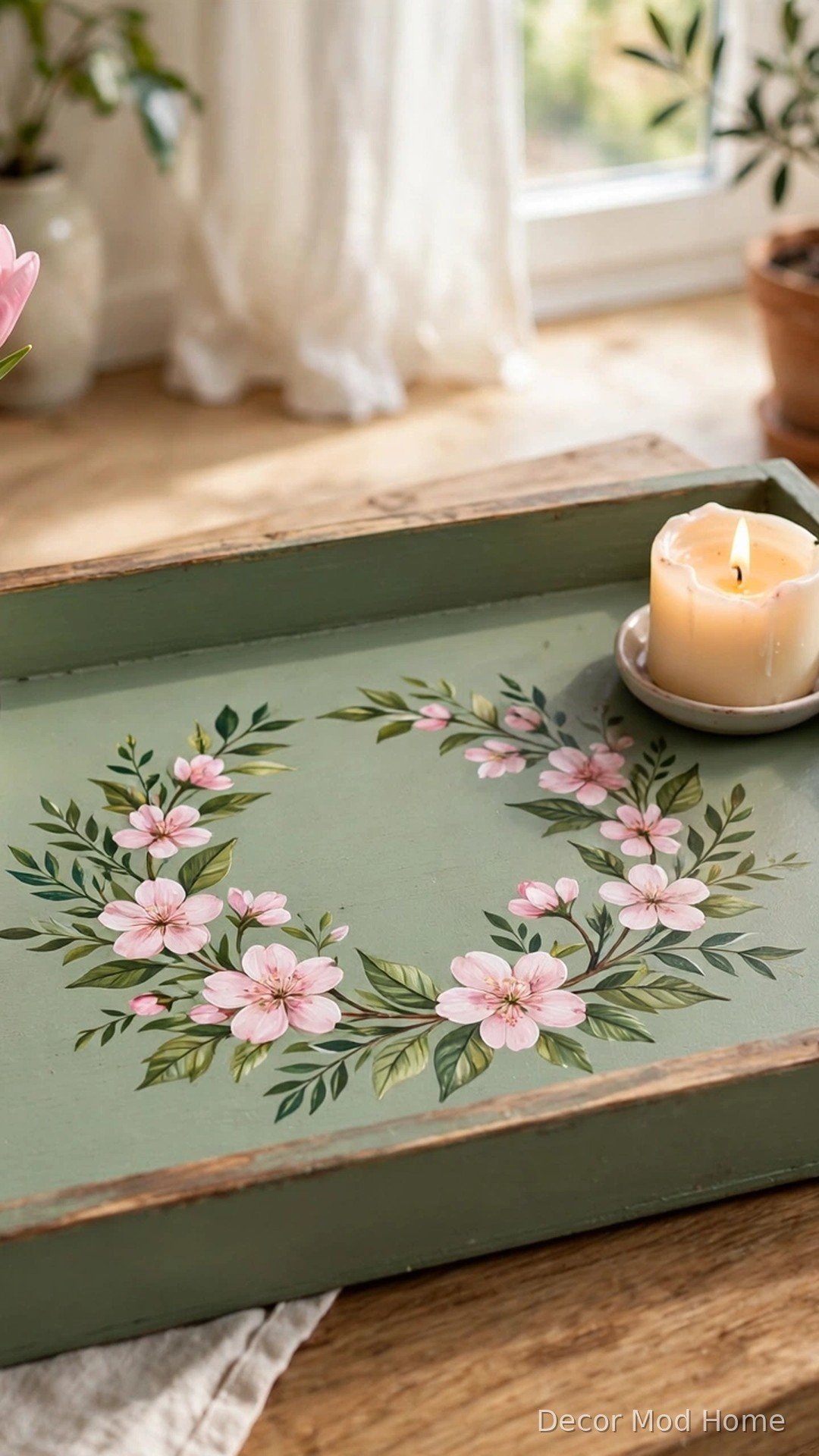 Upcycled sage green tray with hand-painted pink blossom motif styled with a candle on a coffee table