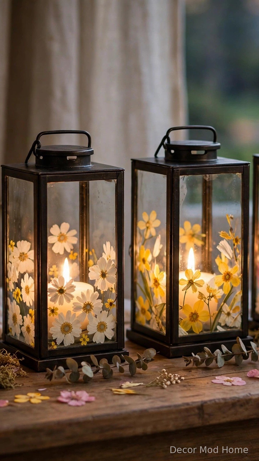 Glass lanterns decorated with pressed spring flowers glowing warmly from candles inside