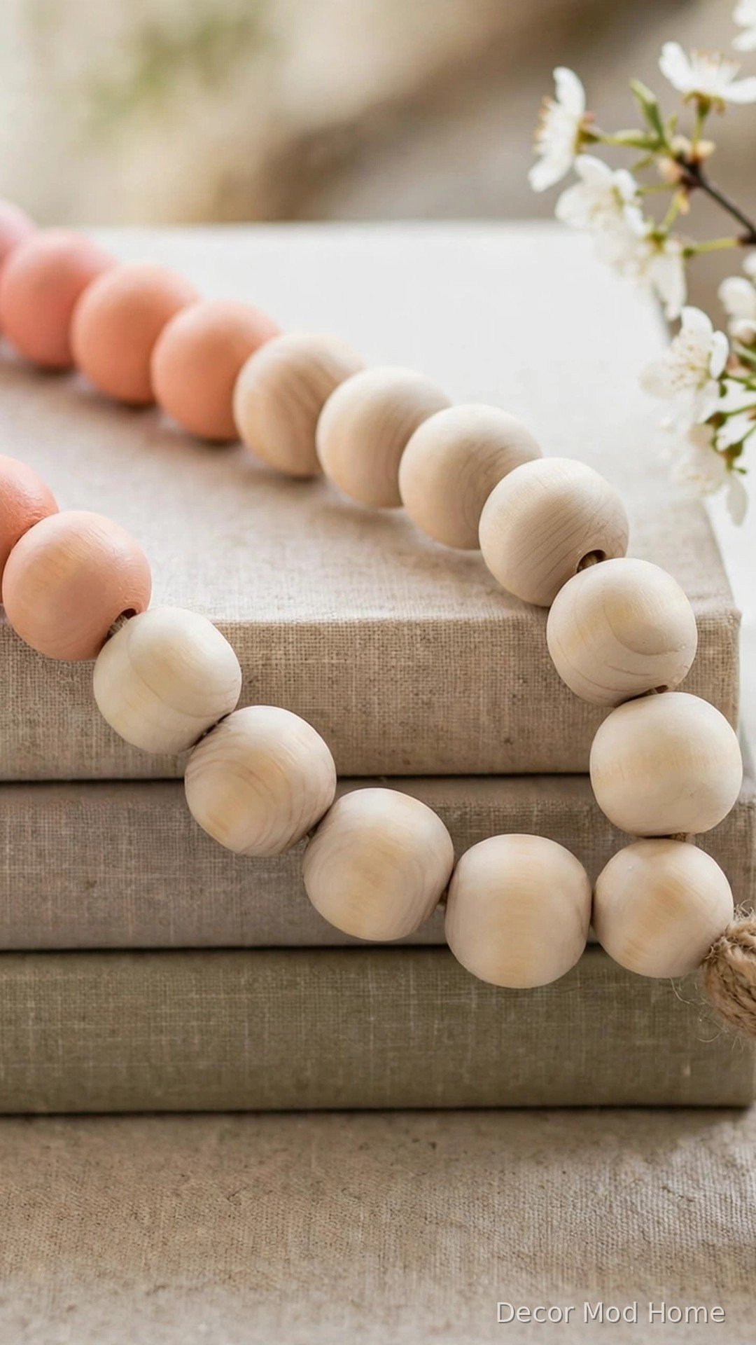 Wooden bead garland painted in a blush pink to cream ombre draped over stacked books