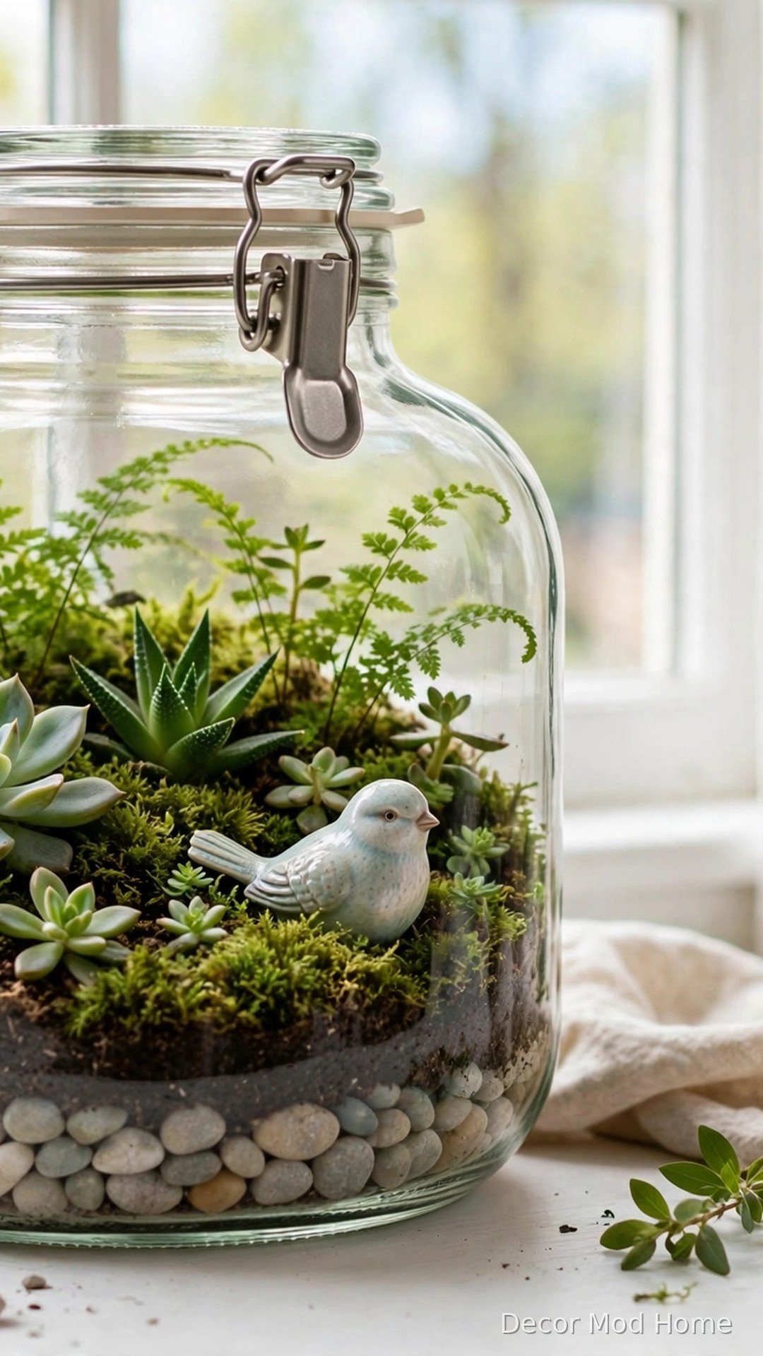 Tabletop terrarium built in a repurposed glass jar with moss, succulents and a ceramic bird
