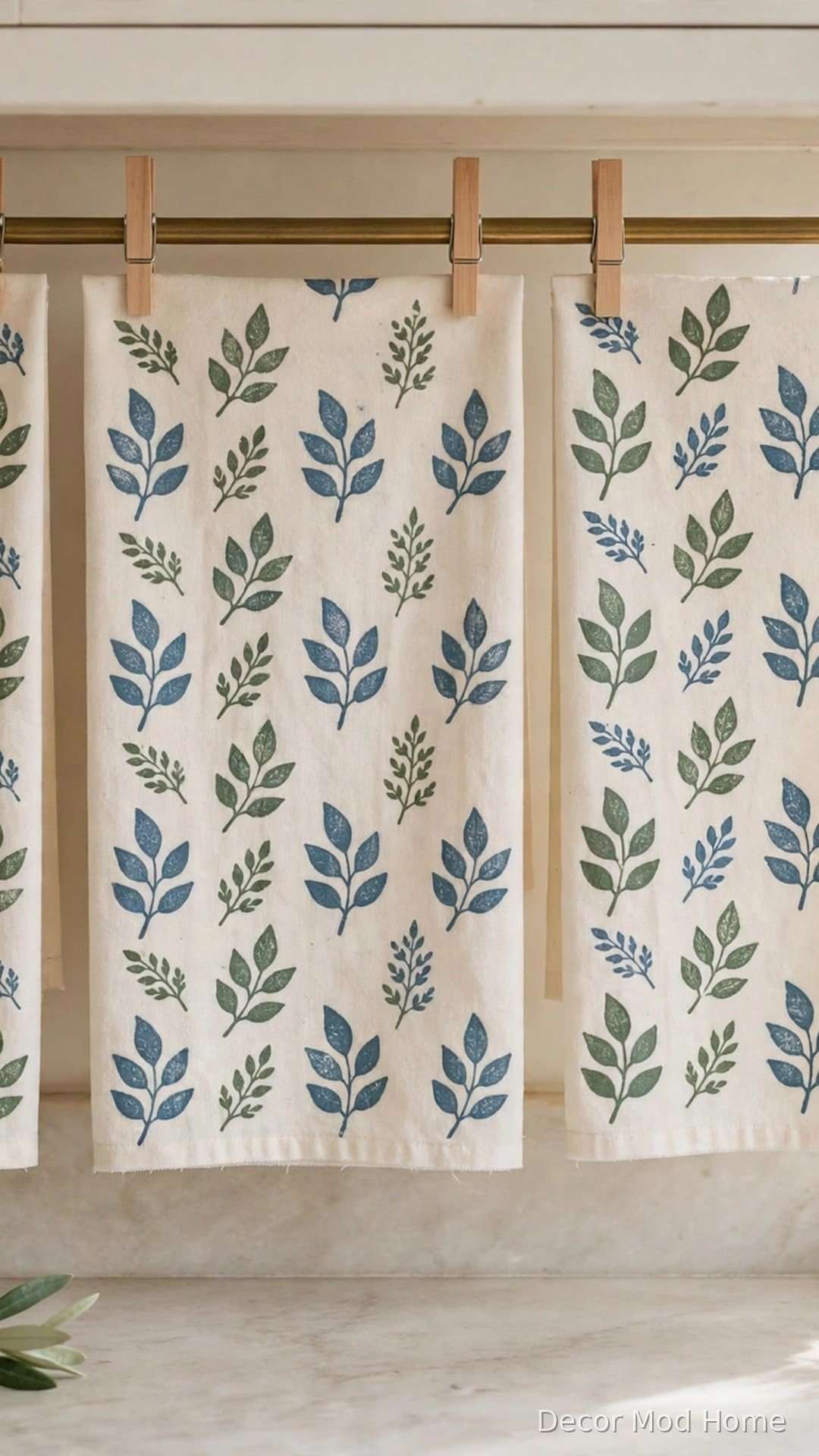 Cotton tea towels hand-stamped with botanical leaf patterns hanging on a brass kitchen rail