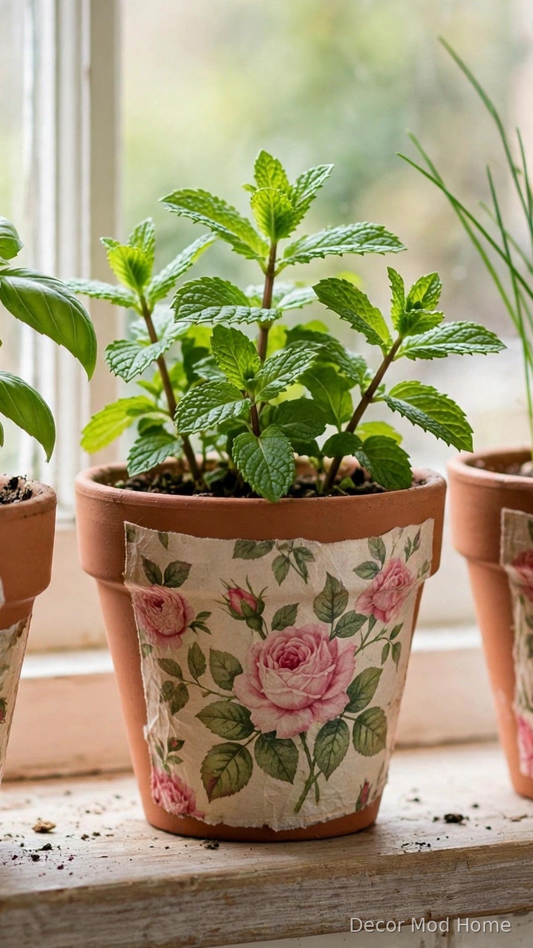 Terracotta pots decoupaged with floral napkin rose patterns holding fresh herbs on a windowsill