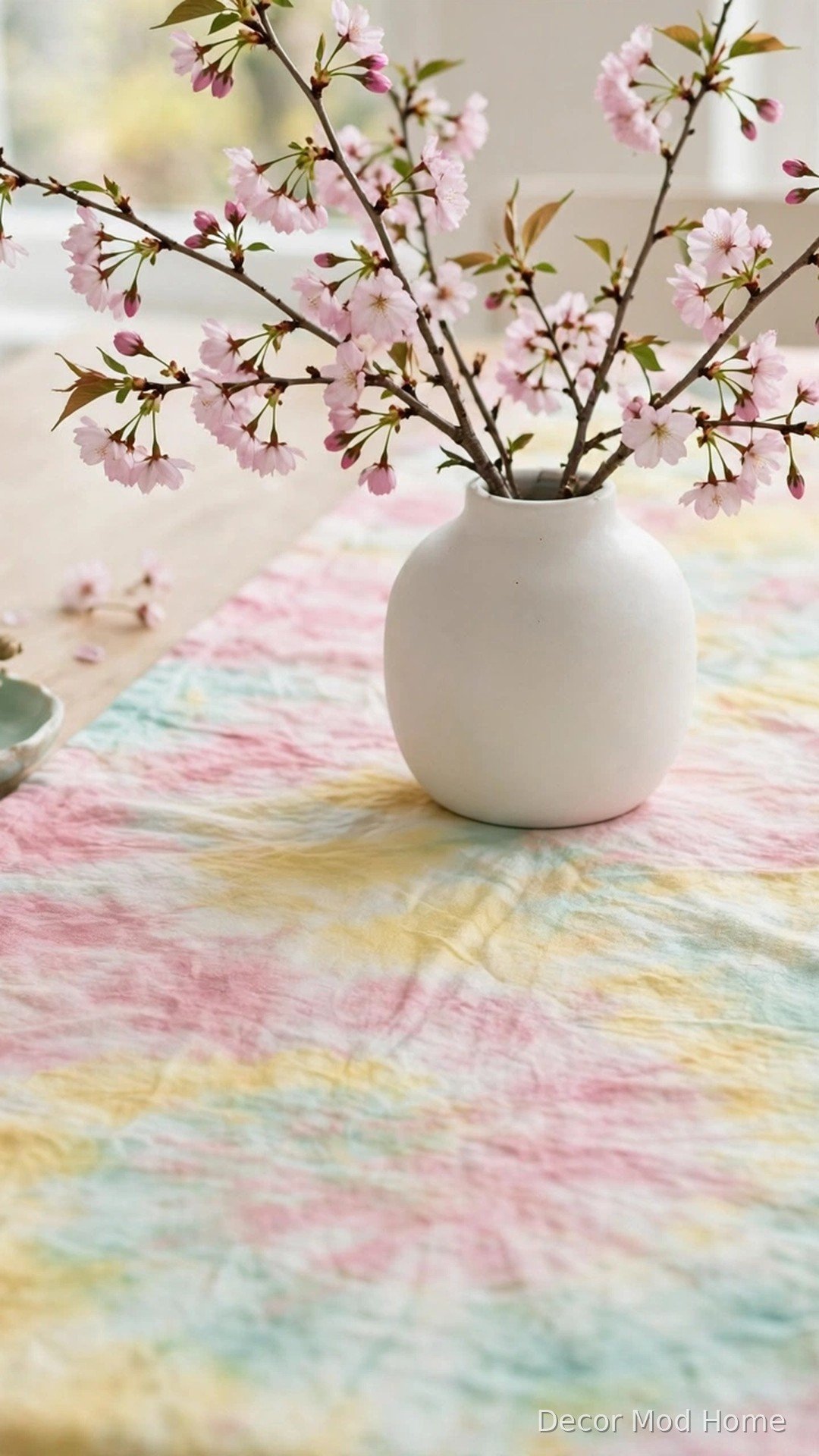 Pastel tie-dyed table runner in pink, yellow and mint with a vase of cherry blossom branches