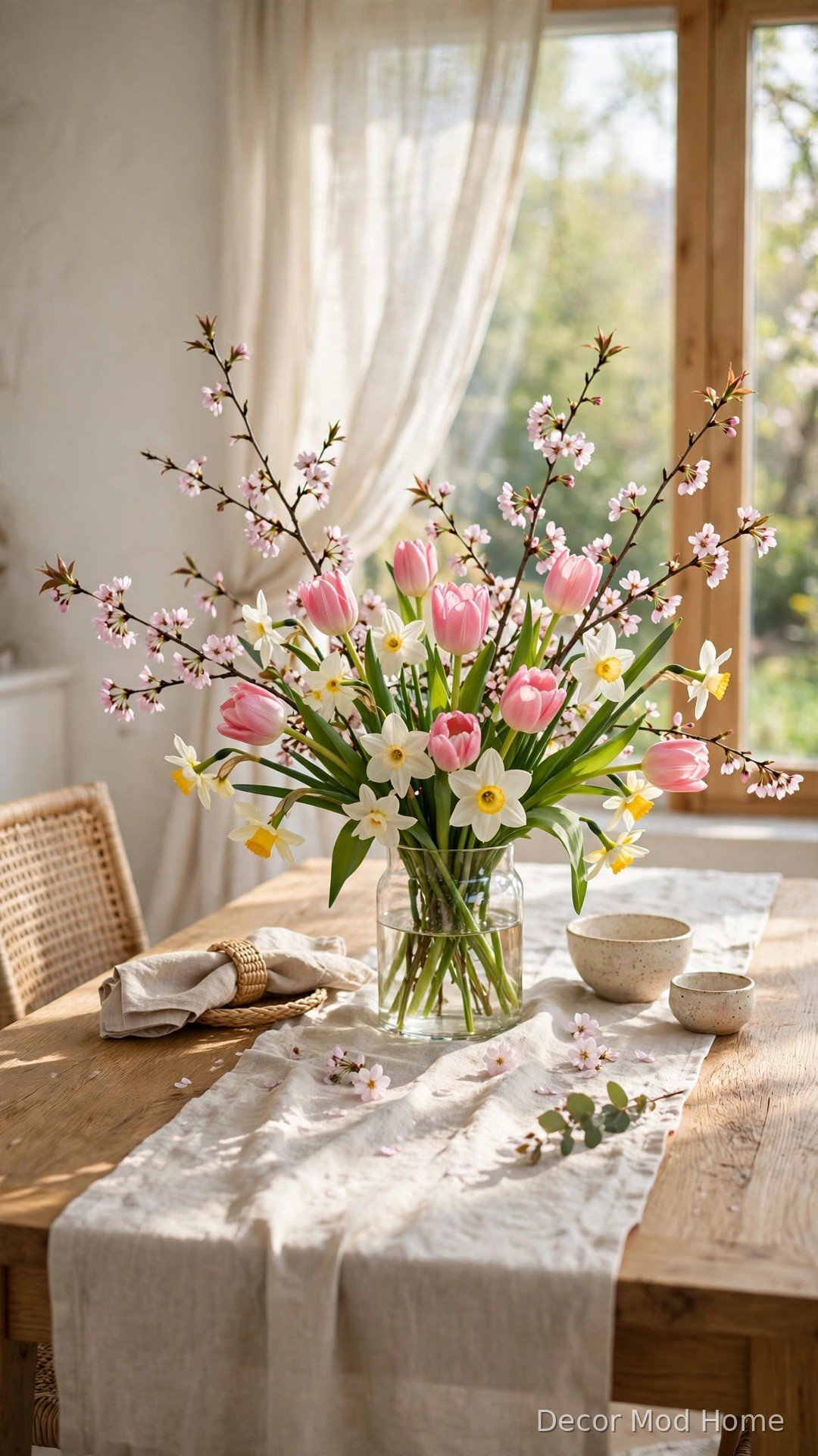 Fresh spring floral centrepiece with pink tulips, daffodils and cherry blossom on a dining table