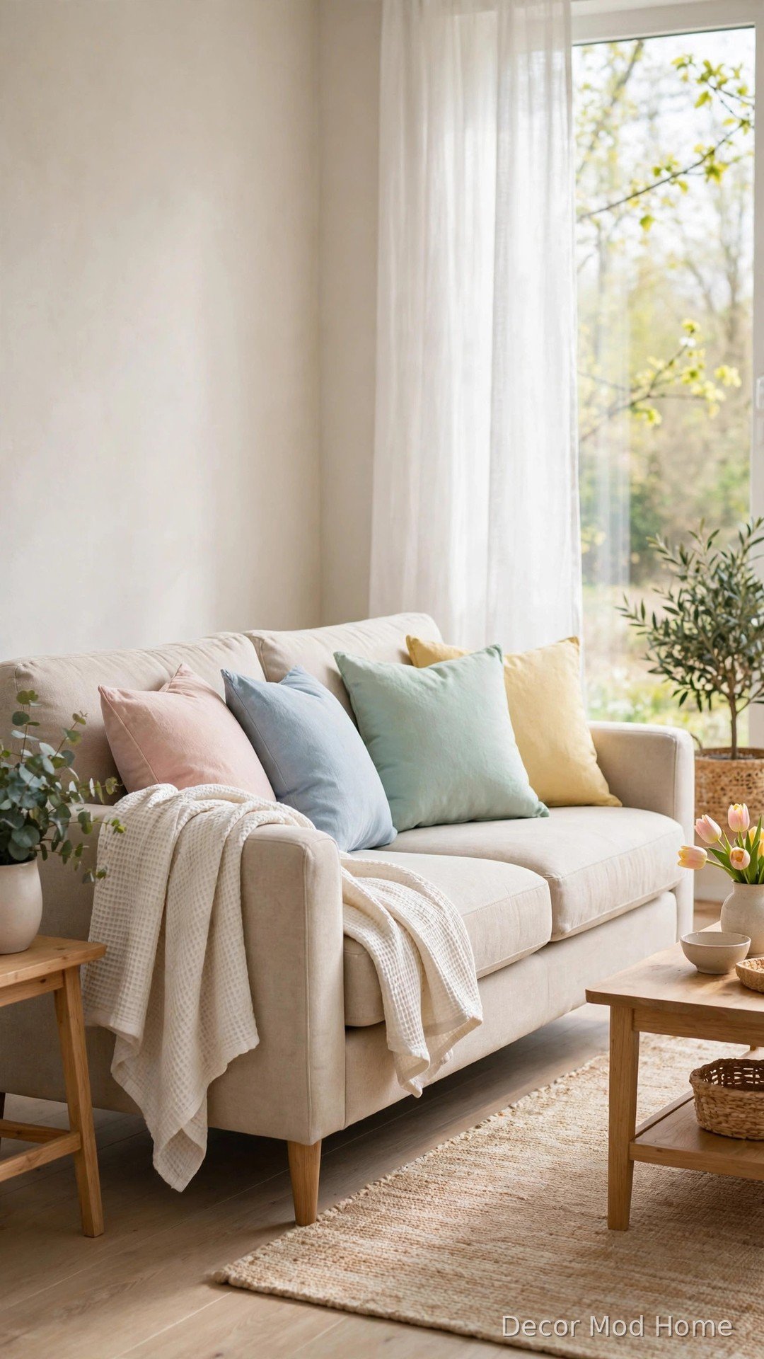 Beige sofa layered with pastel cushions in pink, blue, mint and yellow for spring home decor