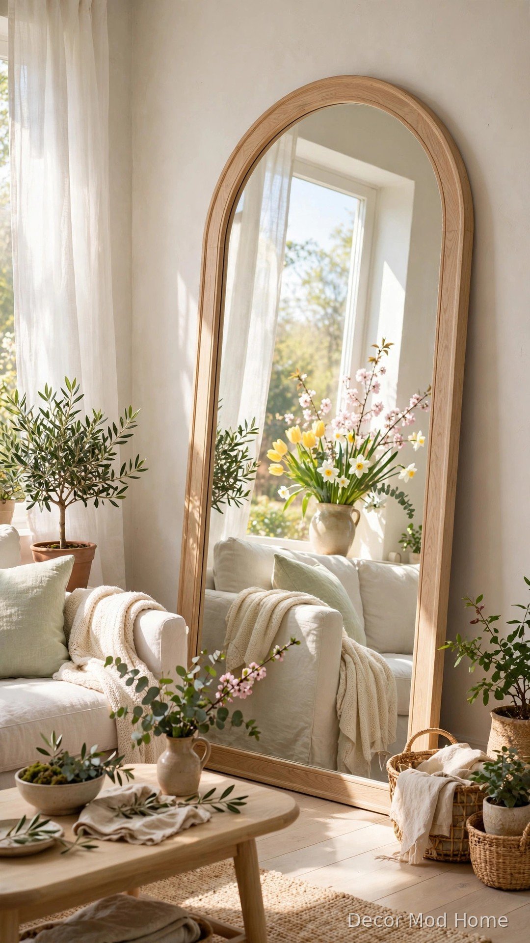 Large arched oak mirror leaning against a wall, reflecting sunlight and spring flowers