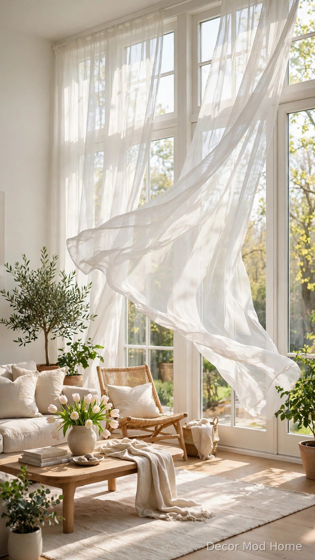 Sheer white curtains billowing in a spring breeze beside tall sunlit windows