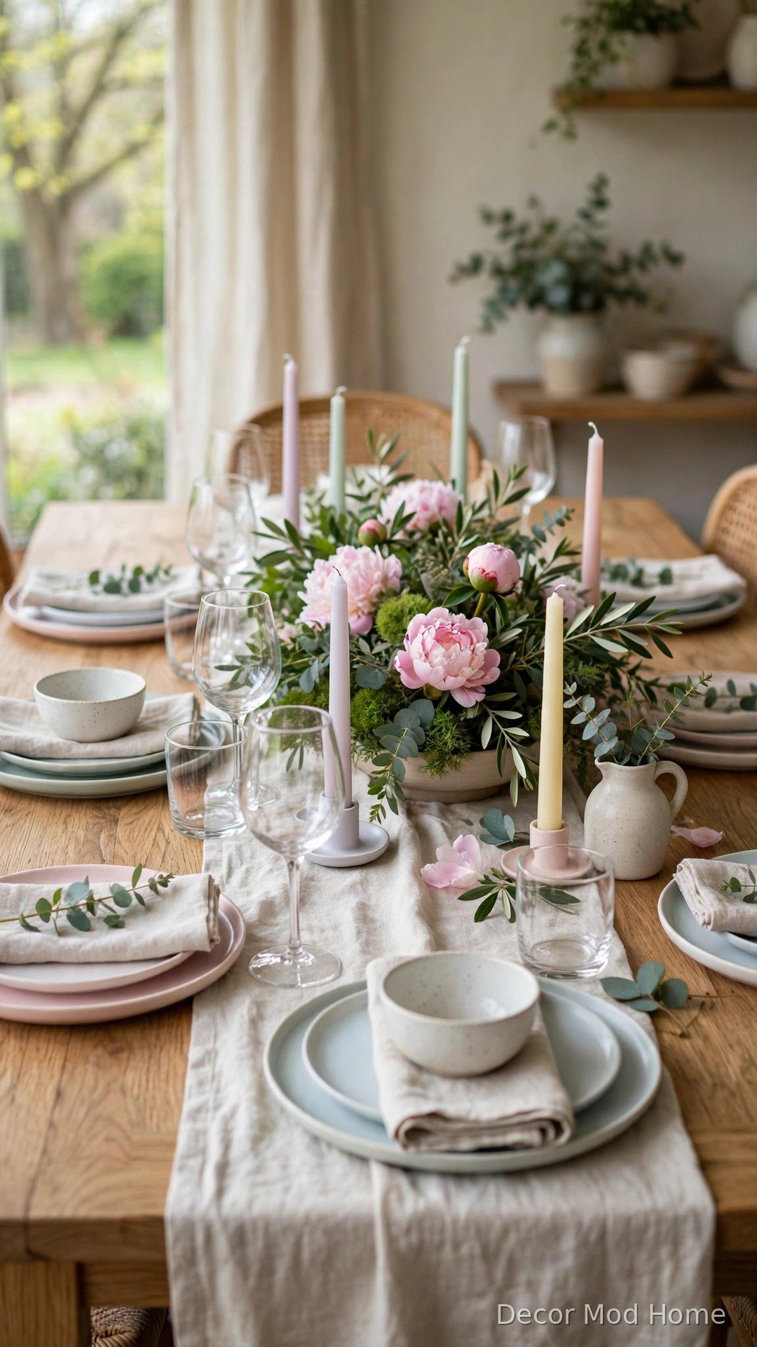 Botanical spring tablescape with pastel crockery, peonies and taper candles