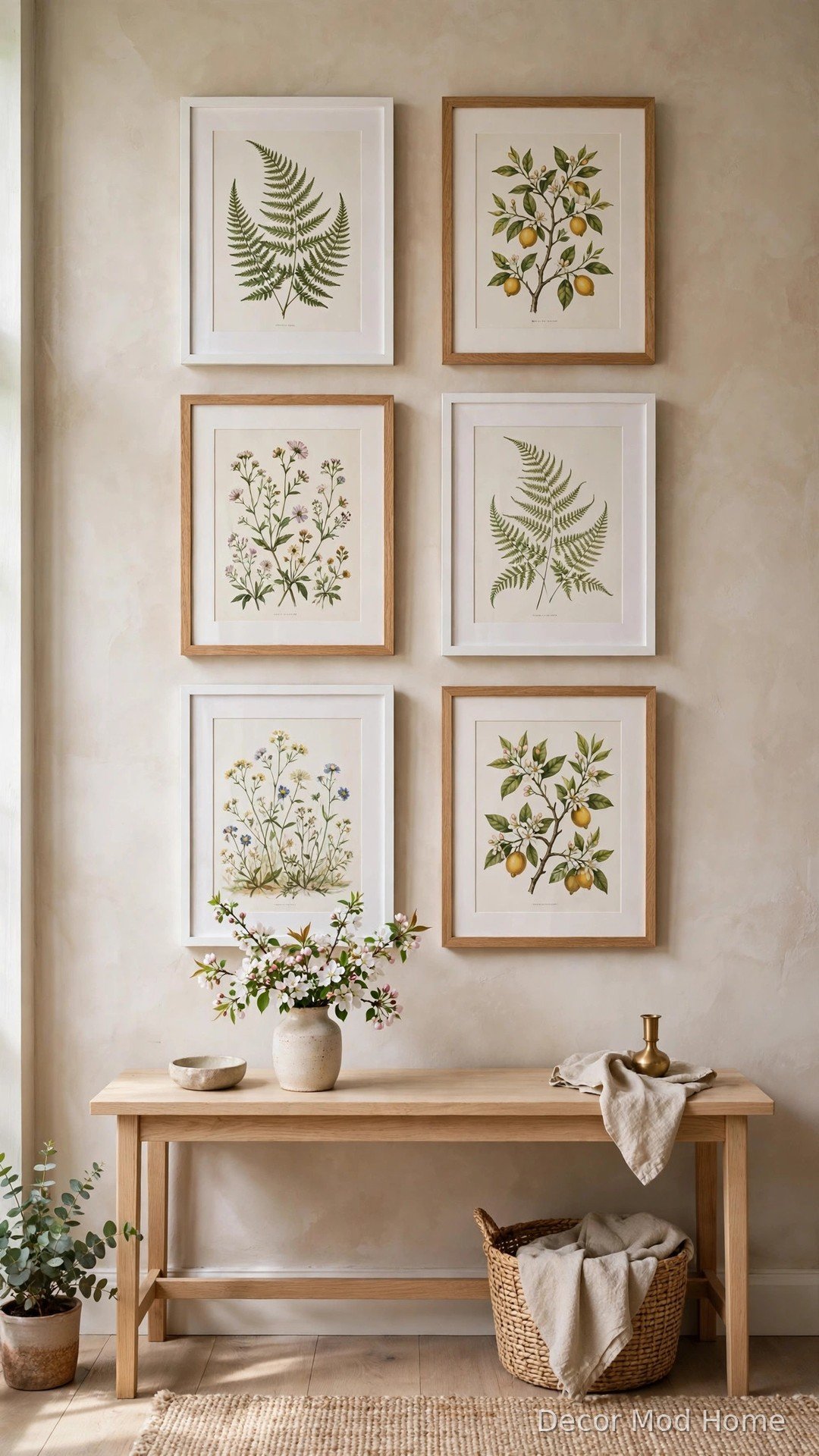 Gallery wall of framed botanical prints above a light wood console table