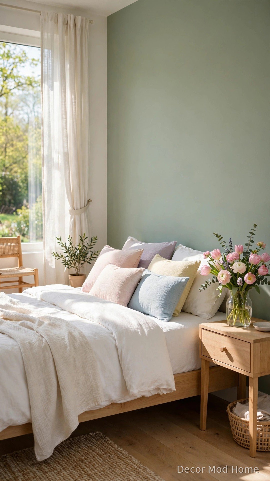 Bedroom with a soft sage green accent wall, white bedding and spring flowers