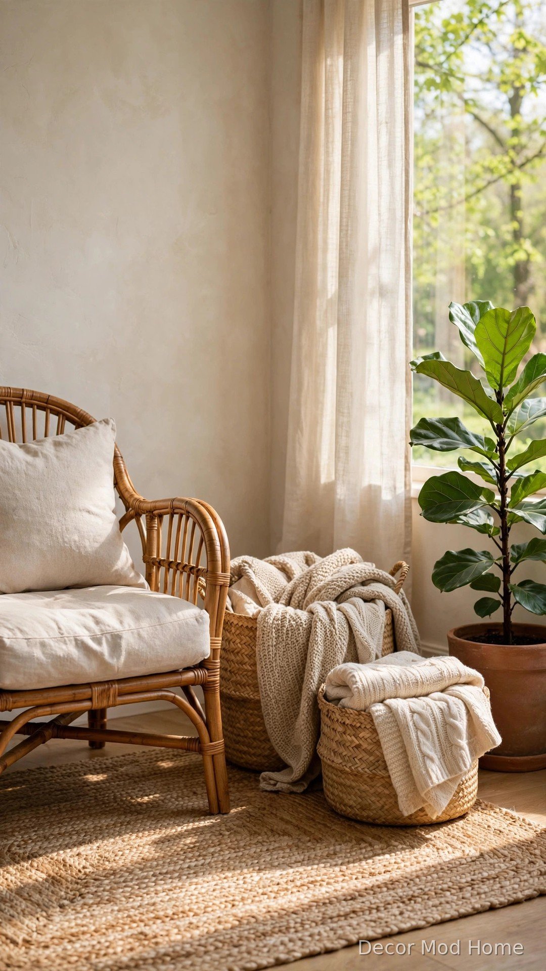 Rattan armchair with woven baskets and a fiddle-leaf fig in a sunlit corner