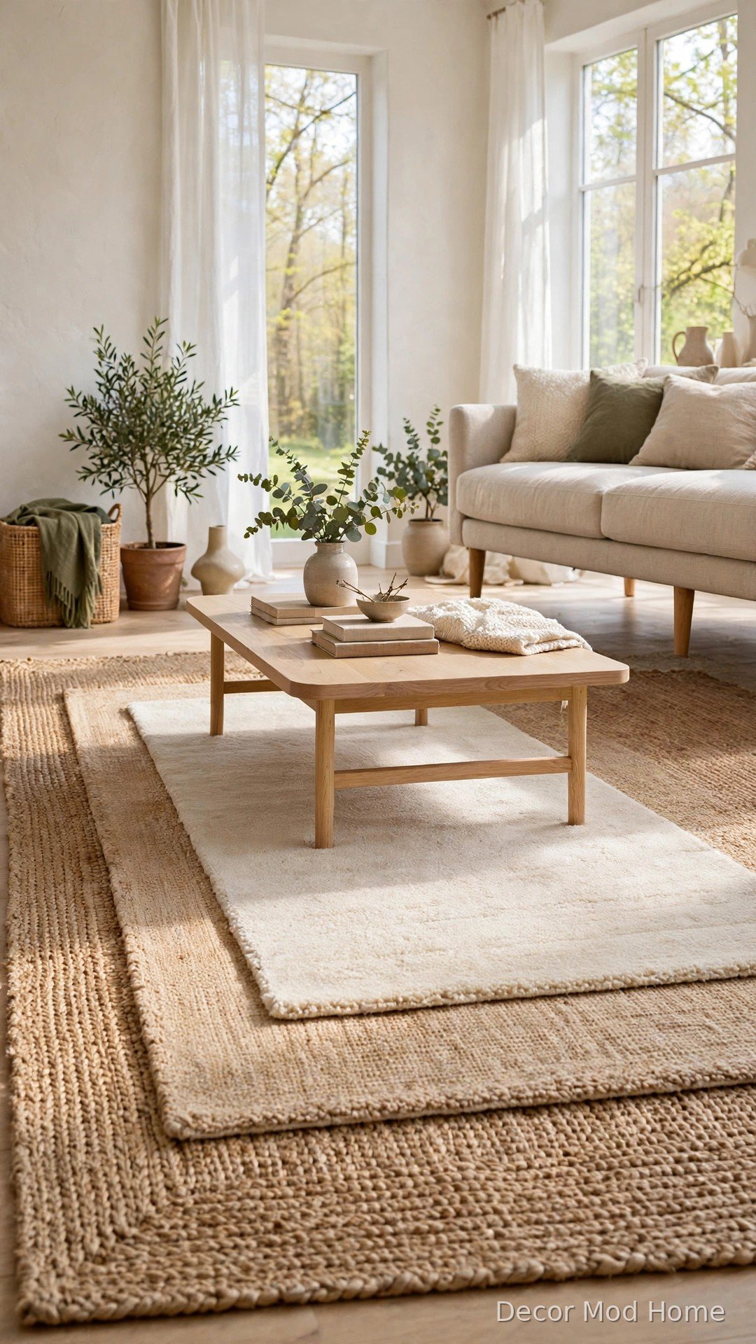 Layered cream and jute rugs under a light wood coffee table in a bright living room