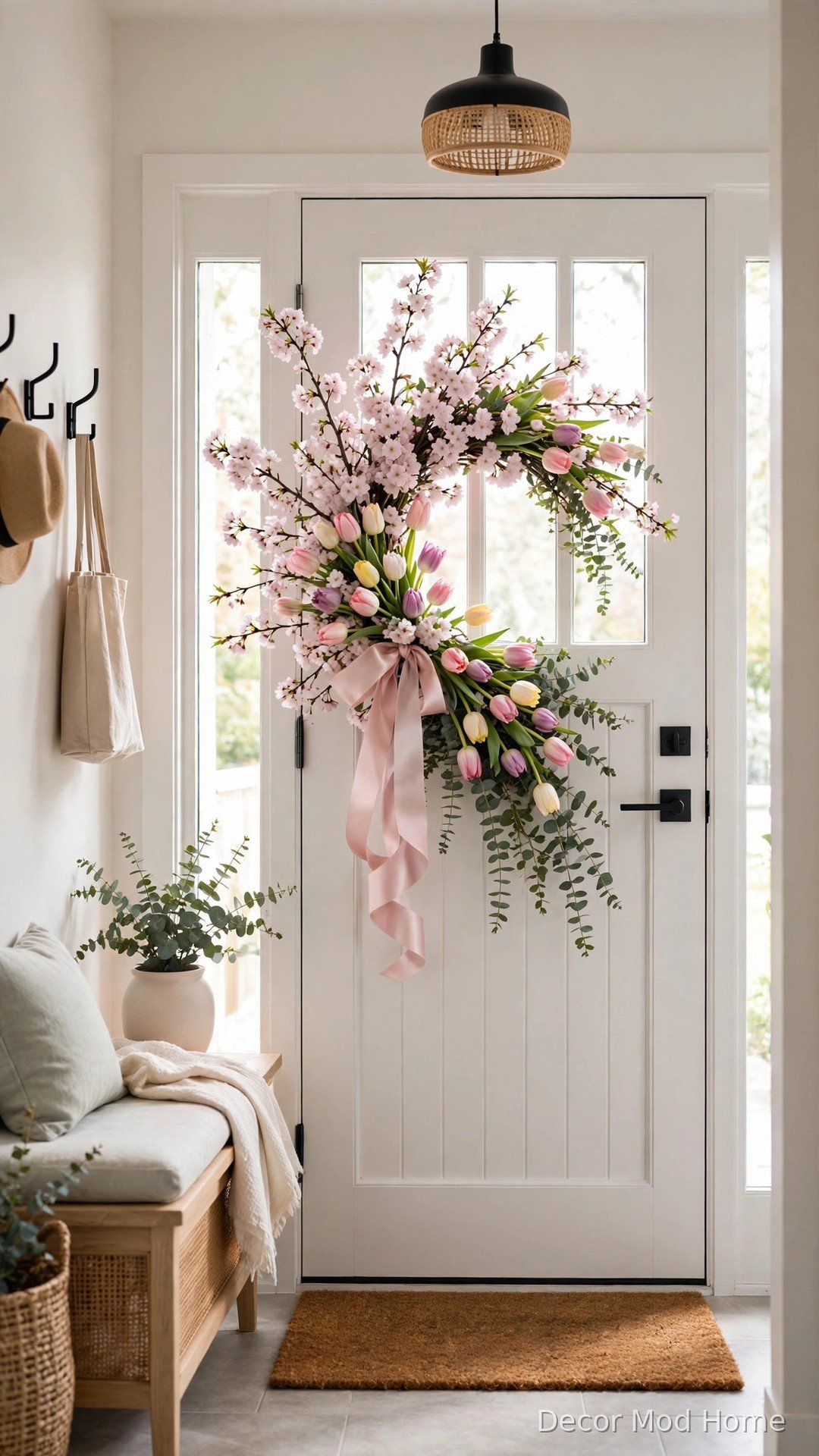 Spring wreath of cherry blossom and tulips with a pink ribbon on a front door