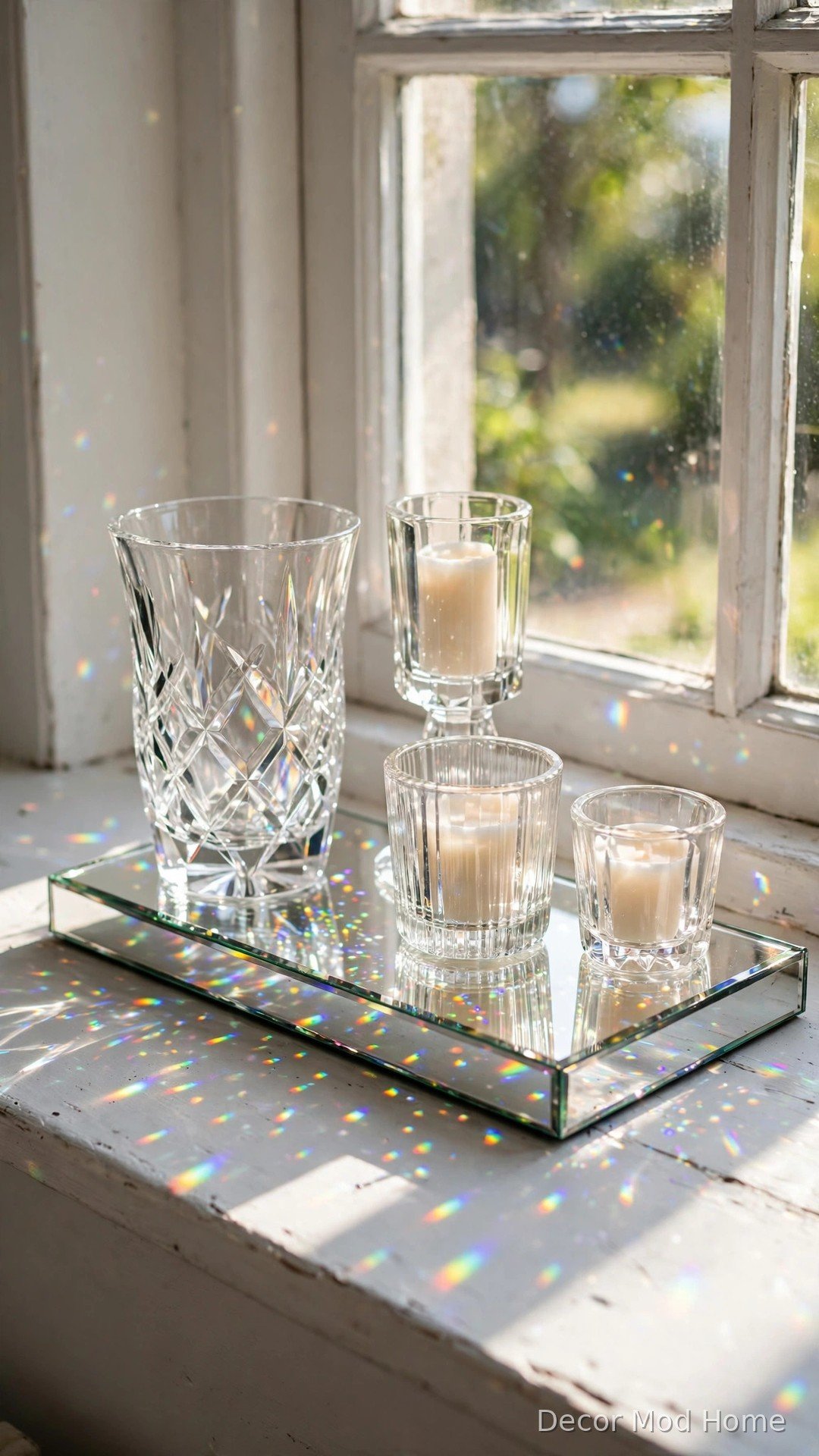 Crystal and glass decor on a windowsill scattering rainbow light prisms