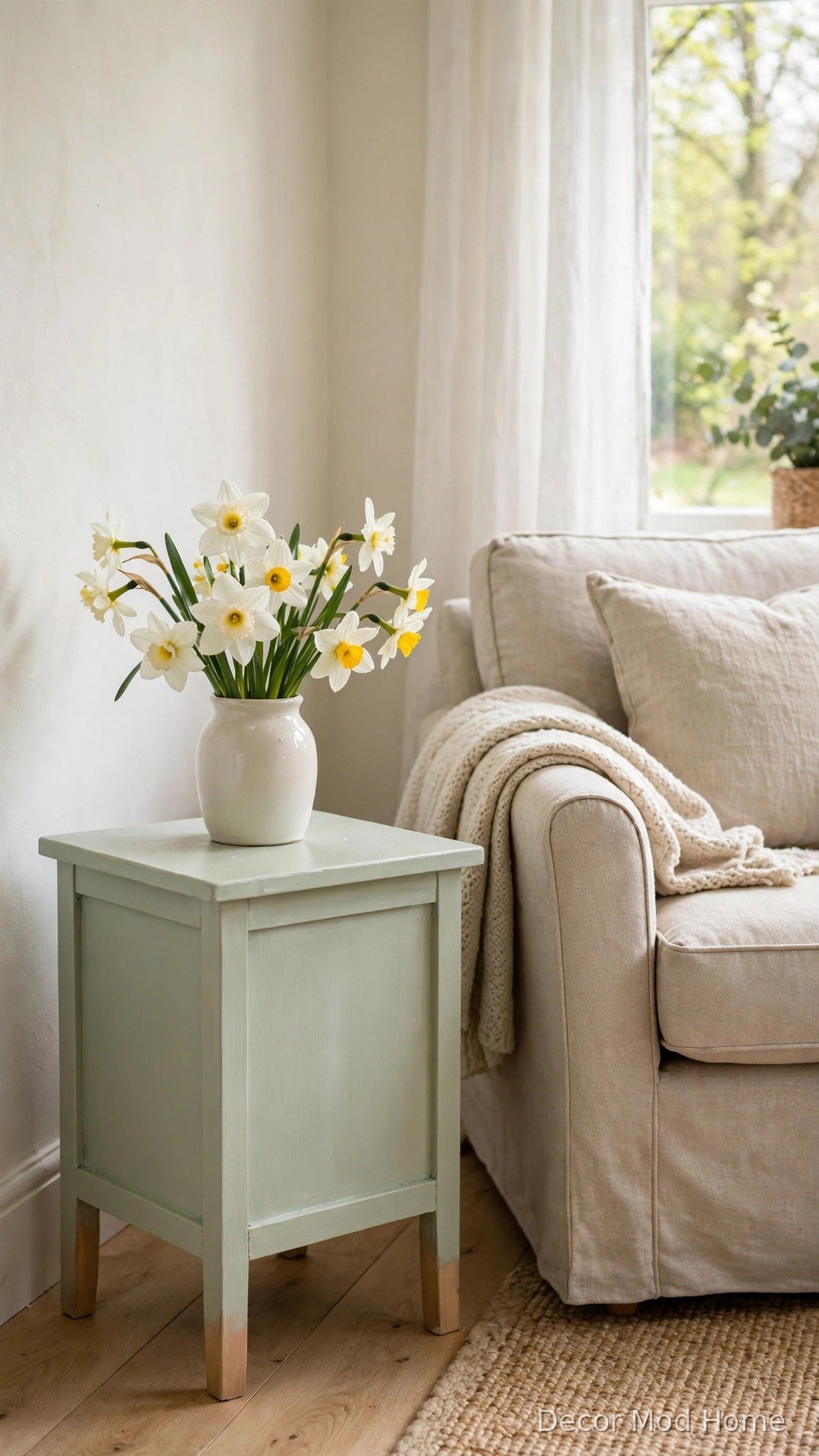 Small wooden side table painted pastel sage green with a vase of daffodils