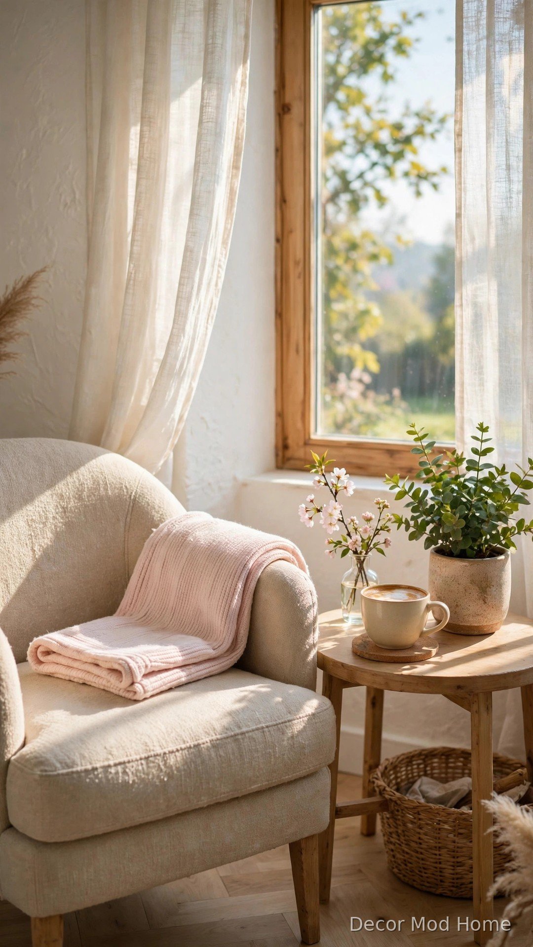 Bright morning coffee corner with a chair, pastel throw and blossom by a sunny window