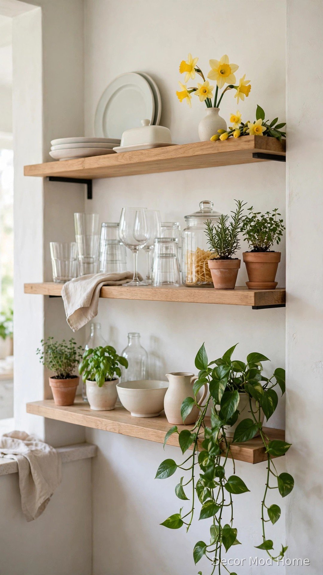 Open kitchen shelves styled with pale ceramics, herbs and daffodils