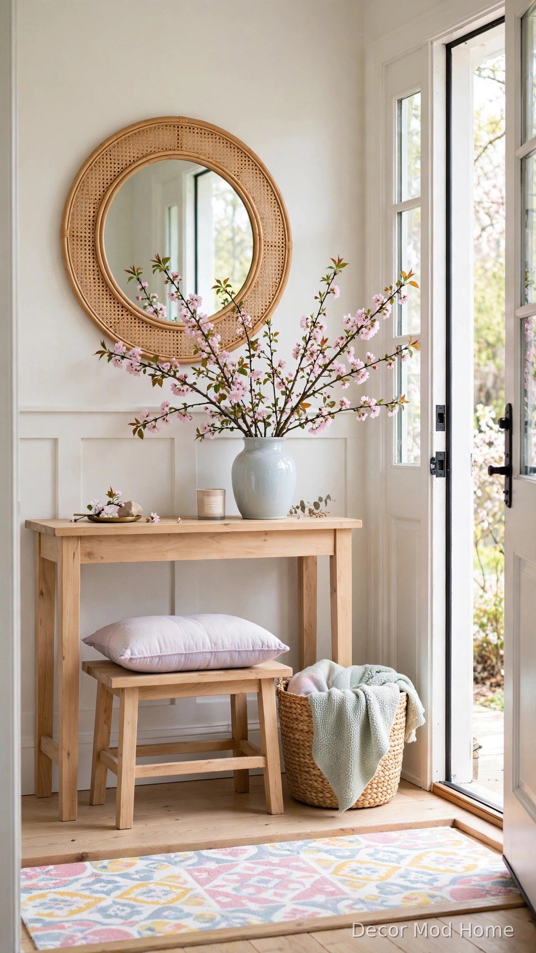 Bright spring entryway with blossoming branches, round rattan mirror and patterned runner