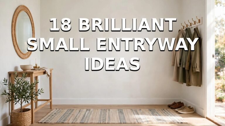 Bright small entryway featured image with bold white overlay text "18 BRILLIANT SMALL ENTRYWAY IDEAS", console table, round mirror, wall hooks with coats, rug and shoes