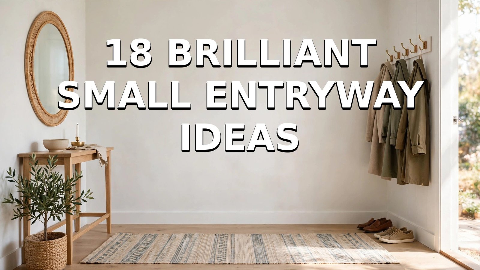 Bright small entryway featured image with bold white overlay text "18 BRILLIANT SMALL ENTRYWAY IDEAS", console table, round mirror, wall hooks with coats, rug and shoes