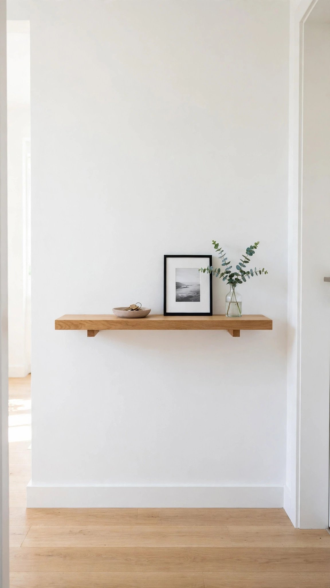 Slim console table floated against the wall in a narrow entryway with a small tray for keys
