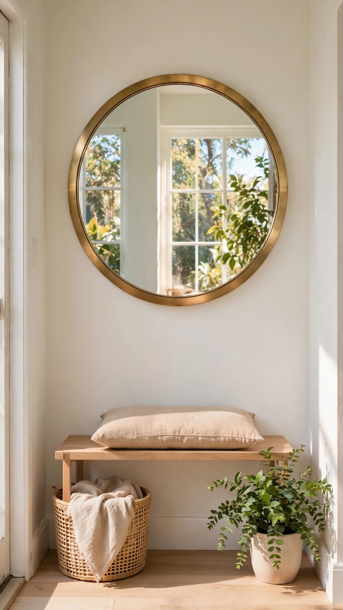Round wall mirror doubling light and space in a compact foyer with a console table below