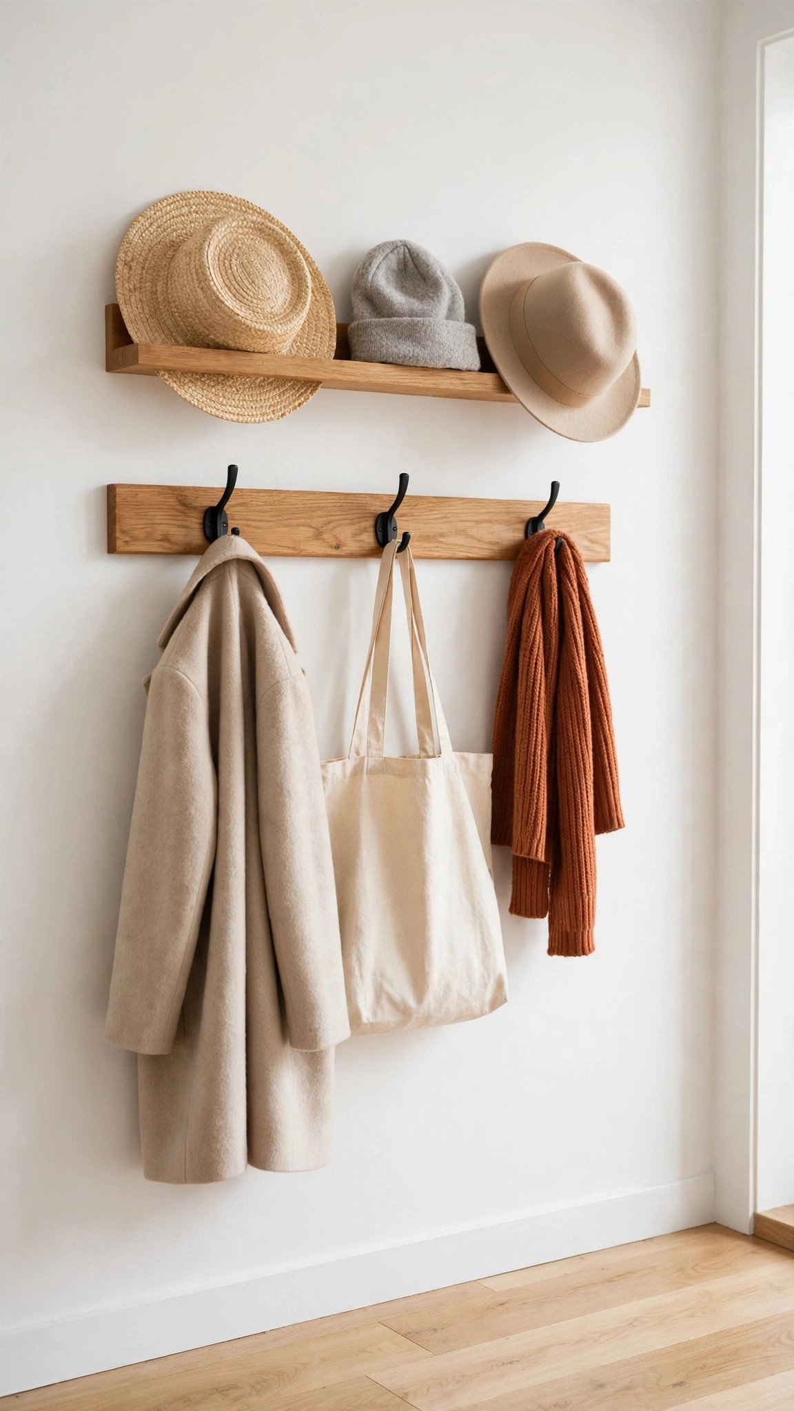 Row of sturdy wooden wall hooks holding coats and a tote bag in a small entryway