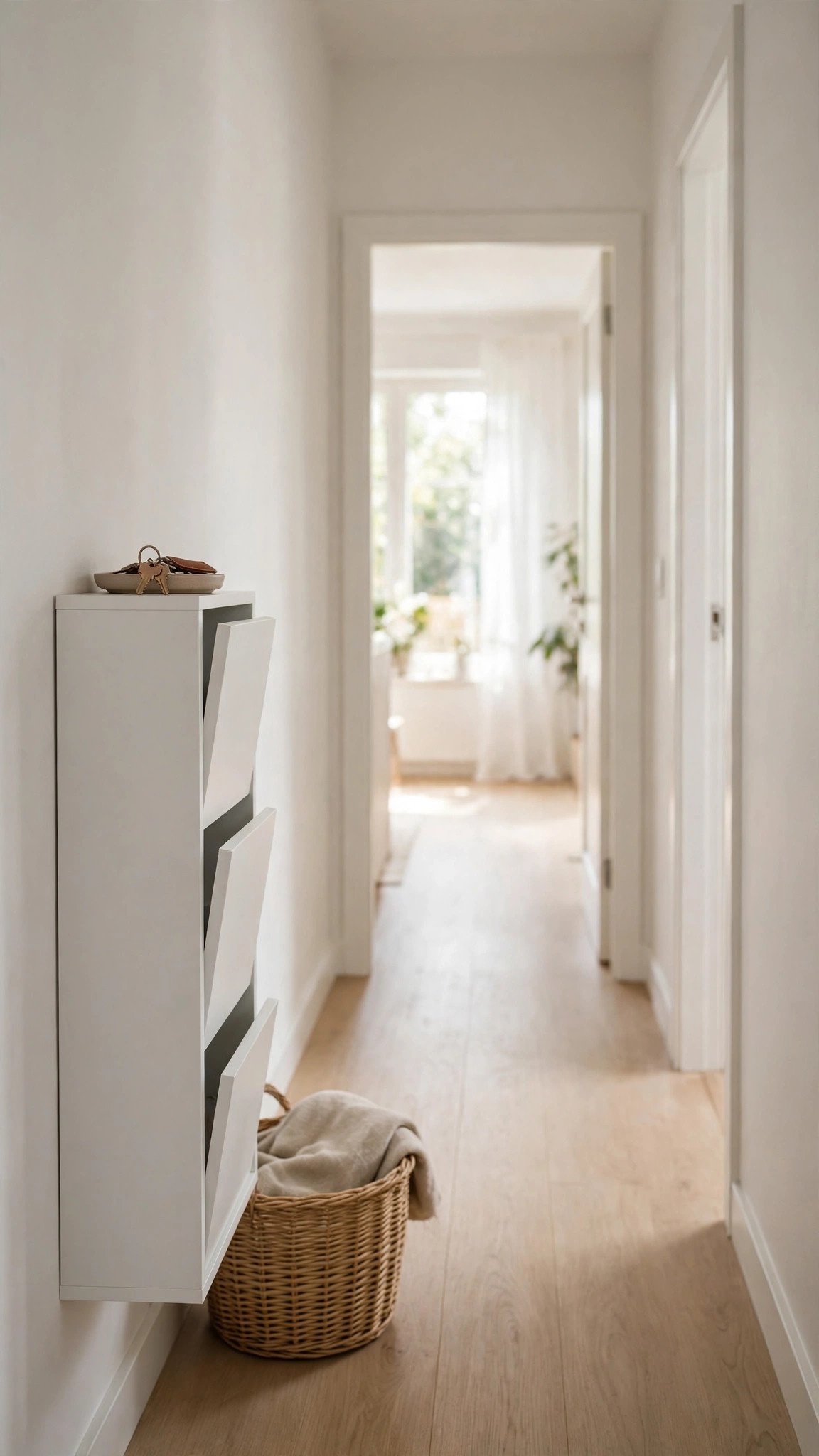 Narrow closed shoe cabinet keeping shoes hidden in a slim hallway entryway