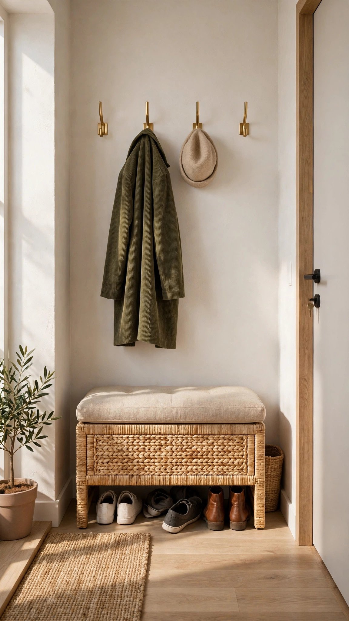 Upholstered storage bench doubling as seating in a cosy small entryway