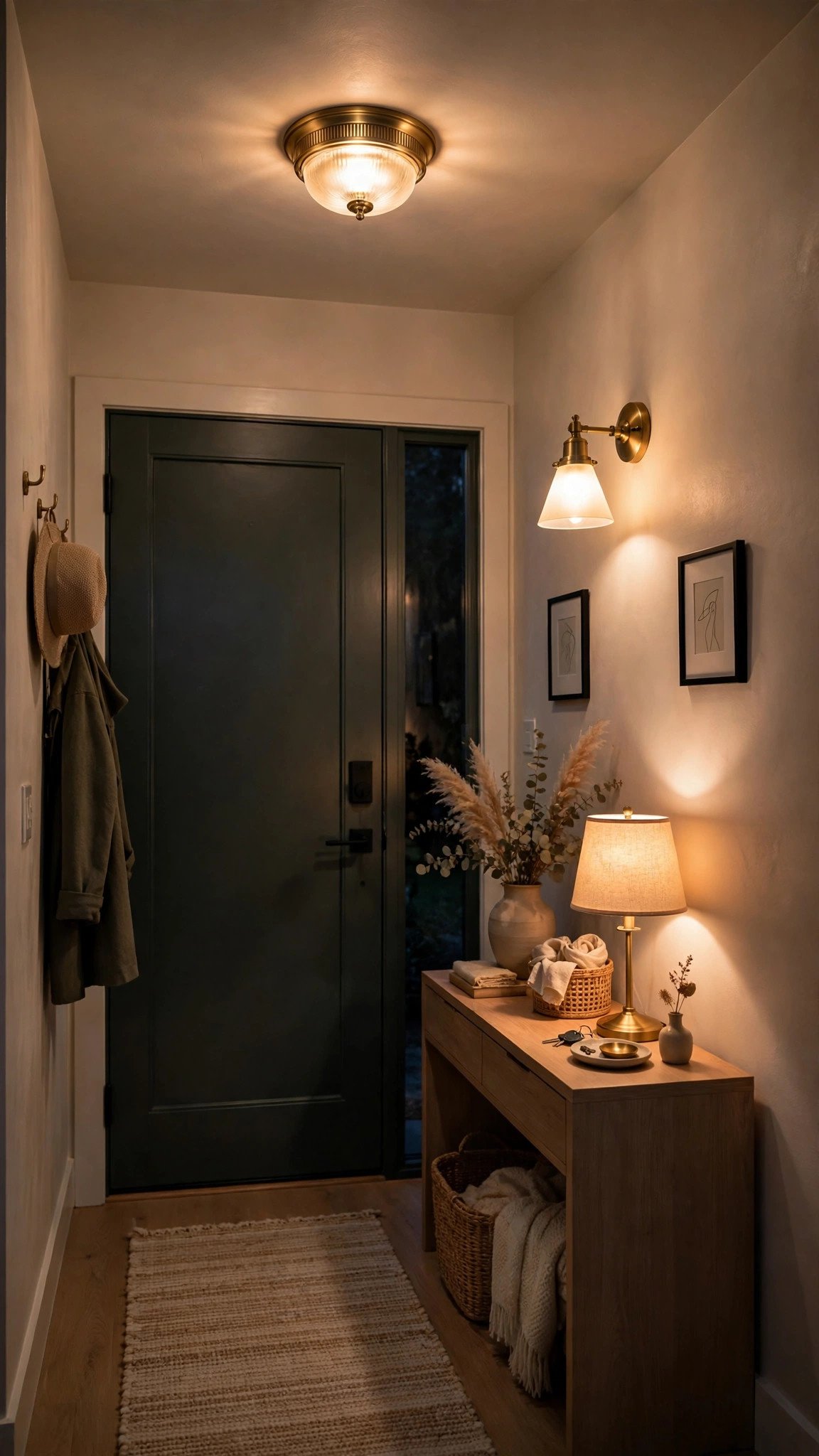Warm layered lighting in a small entryway: wall sconce and small table lamp glowing
