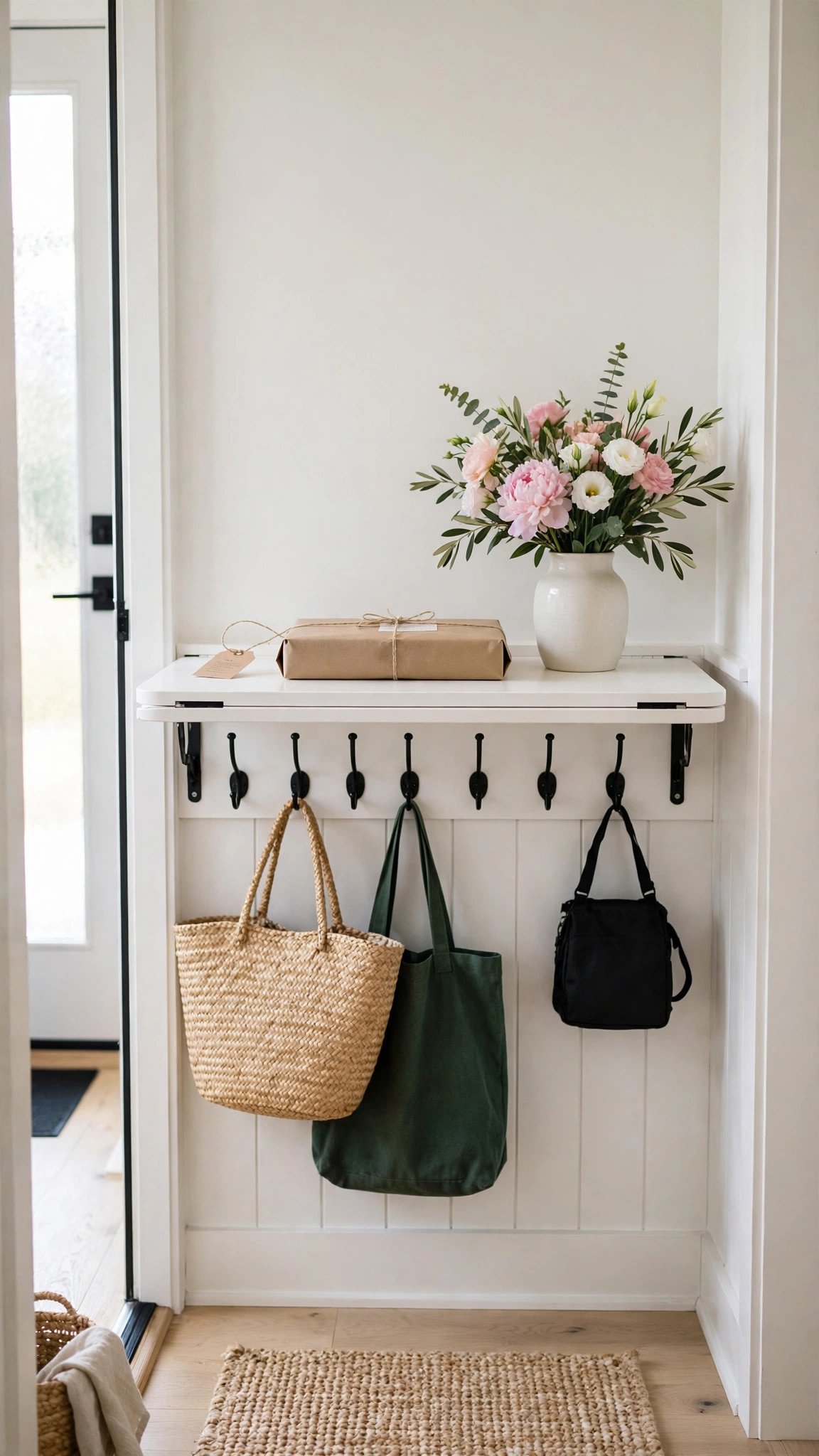 Fold-down wall table mounted in a tiny entryway, folded flat when not in use
