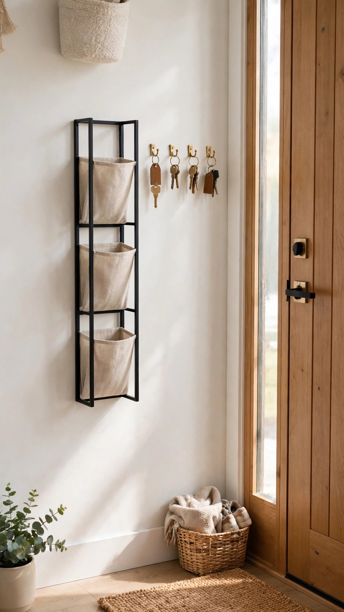 Simple mail and key station with wall-mounted organiser and hooks in a small entryway