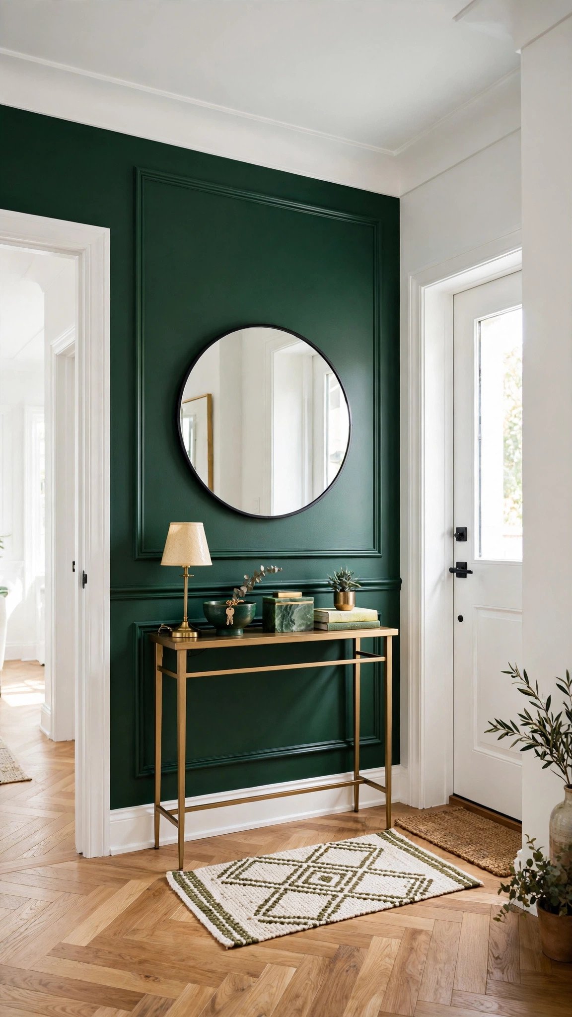 One feature wall in a small entryway painted a rich colour with framed art
