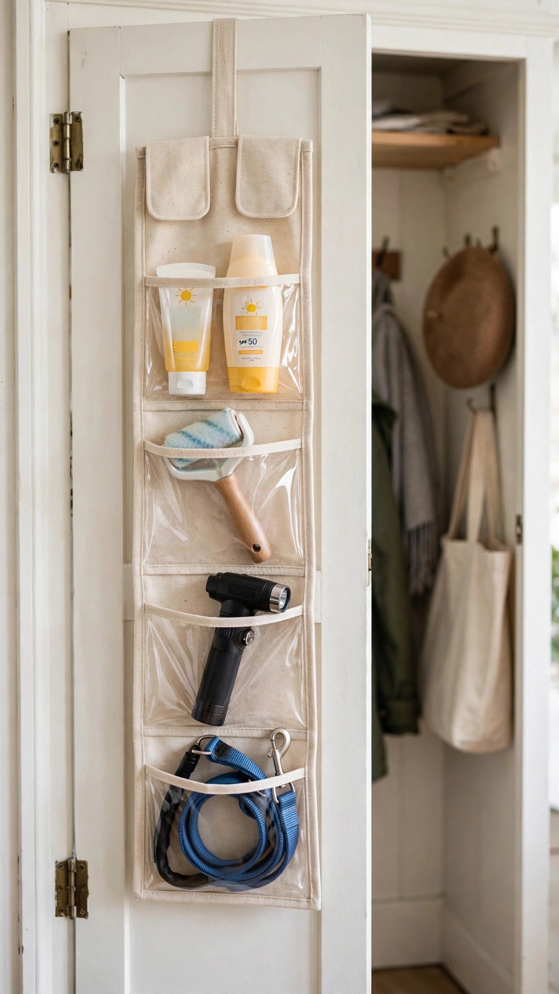 Over-door organiser on a cupboard door holding scarves and small accessories in a compact entryway