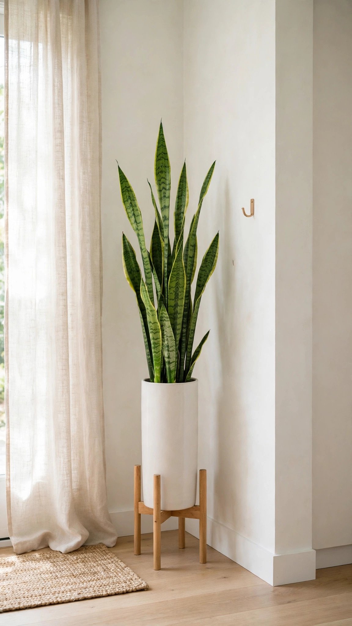 Tall narrow plant in a woven pot brightening the corner of a small entryway