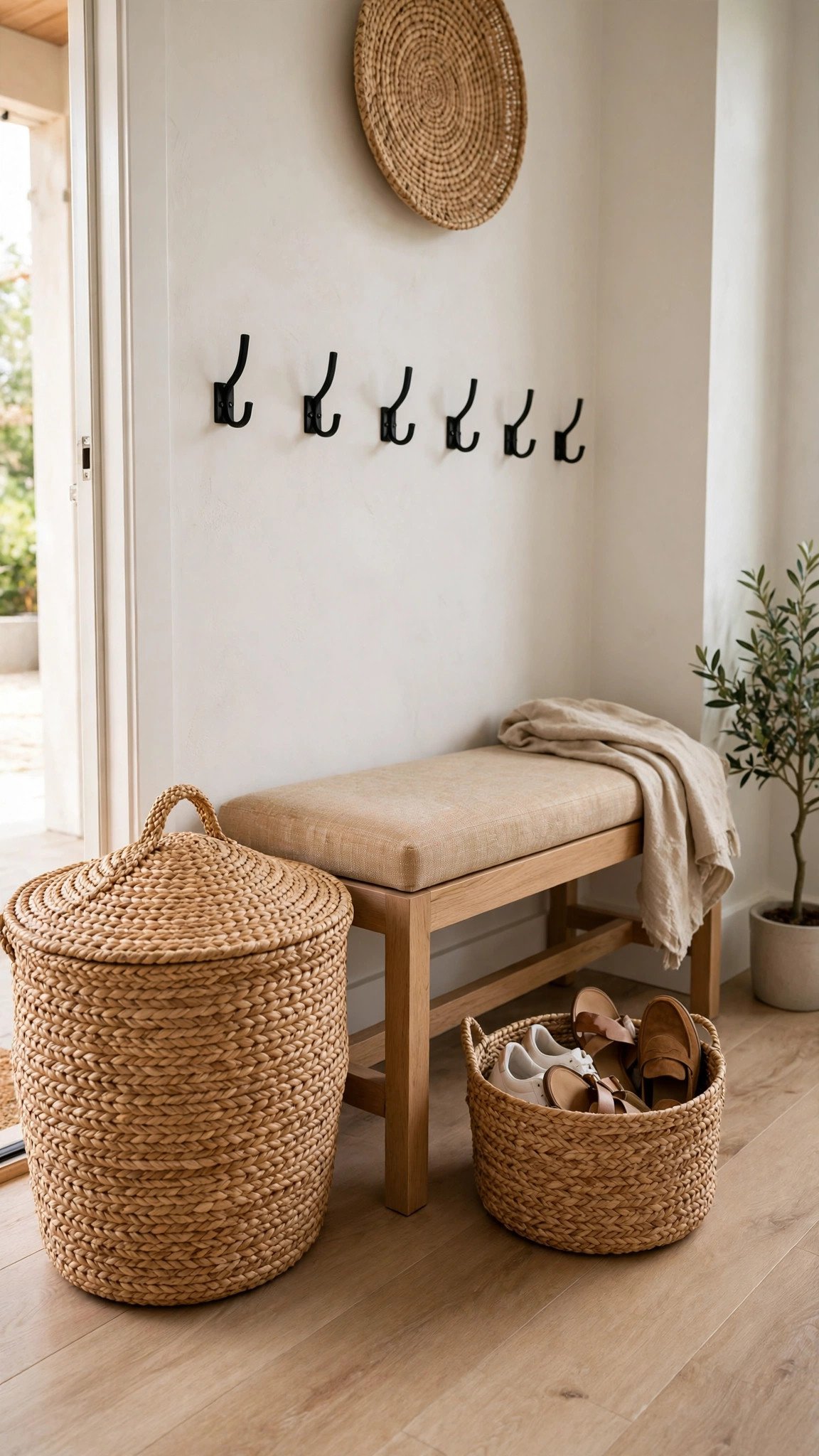 Beautiful woven baskets corralling clutter on shelves in a tidy small entryway