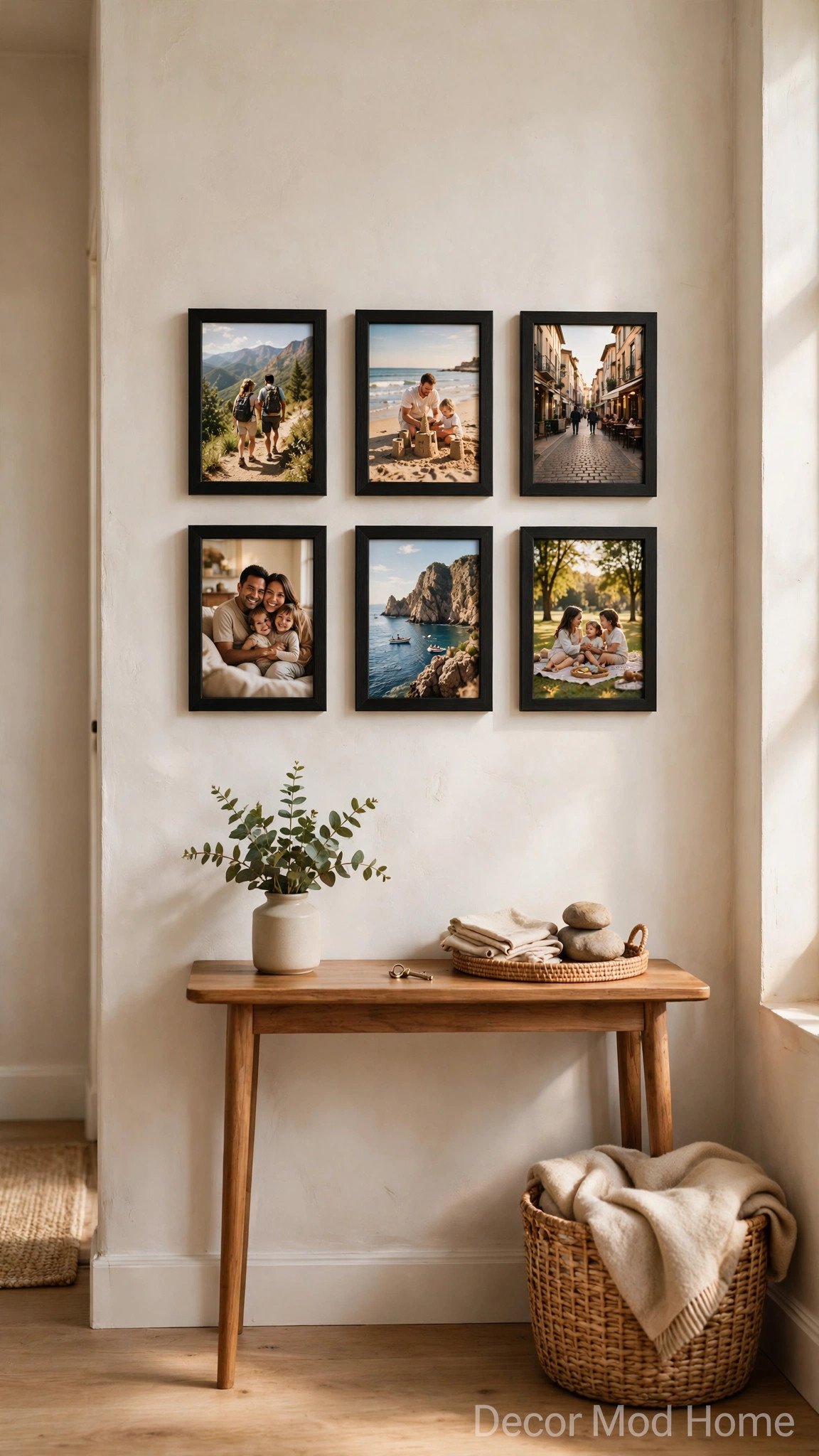 Mini gallery wall: six matching black photo frames with family and travel photos in a neat grid above a wooden console table in a warm small entryway